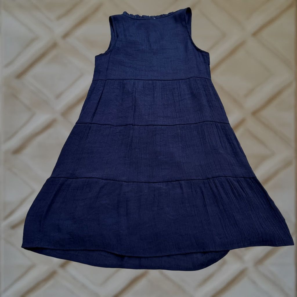 Vintage Naif Tiered Tasseled Midi Shift Dress Womens Medium Navy Blue Sleeveless Boho Size M / US 6-8 / IT 42-44 - 1 Thumbnail