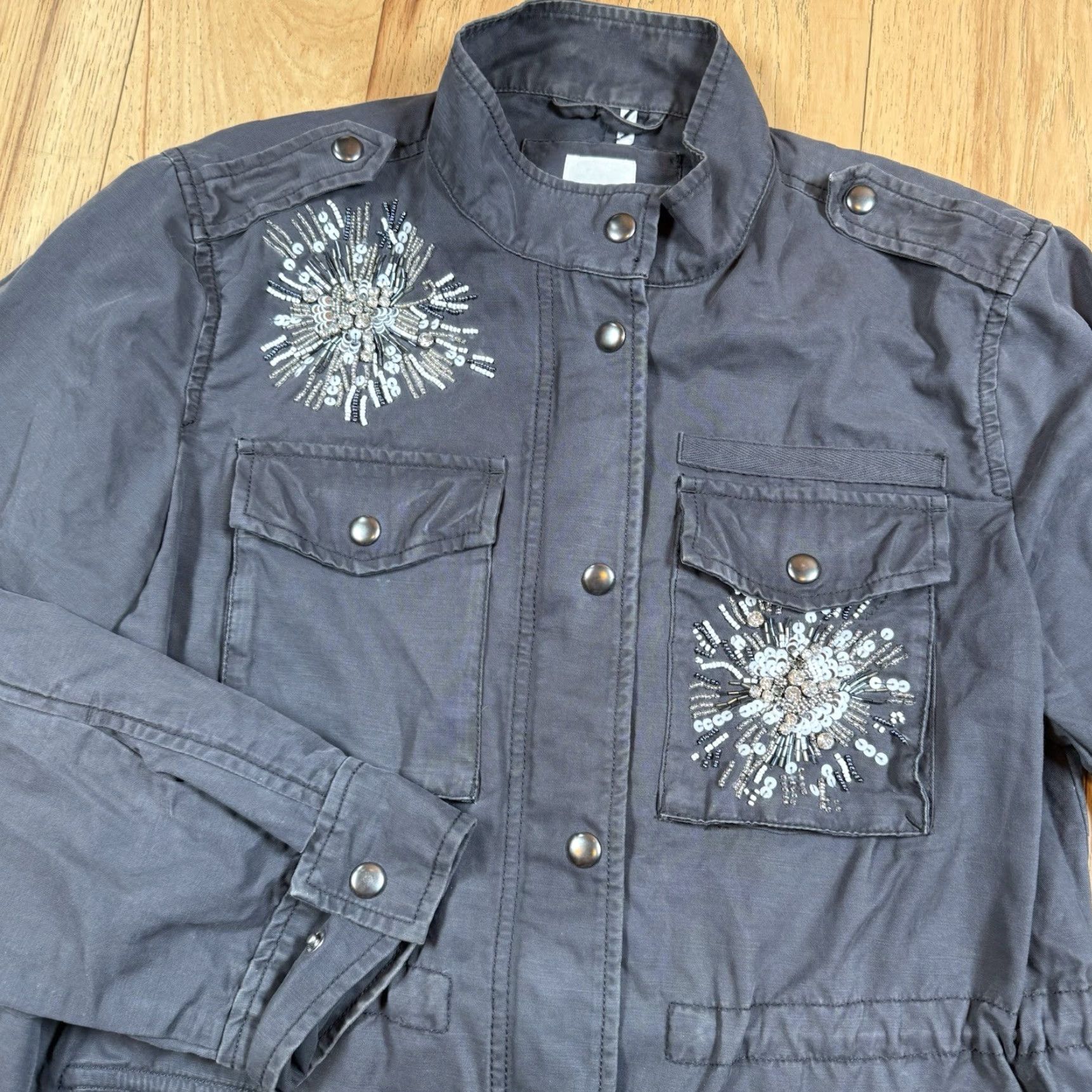 Gap VINTAGE Gap Jacket Women’s M Button Gray Military Jacket with Jewels / Dazzles (Cotton) Regular Women’s Size M Size M / US 6-8 / IT 42-44 - 2 Thumbnail
