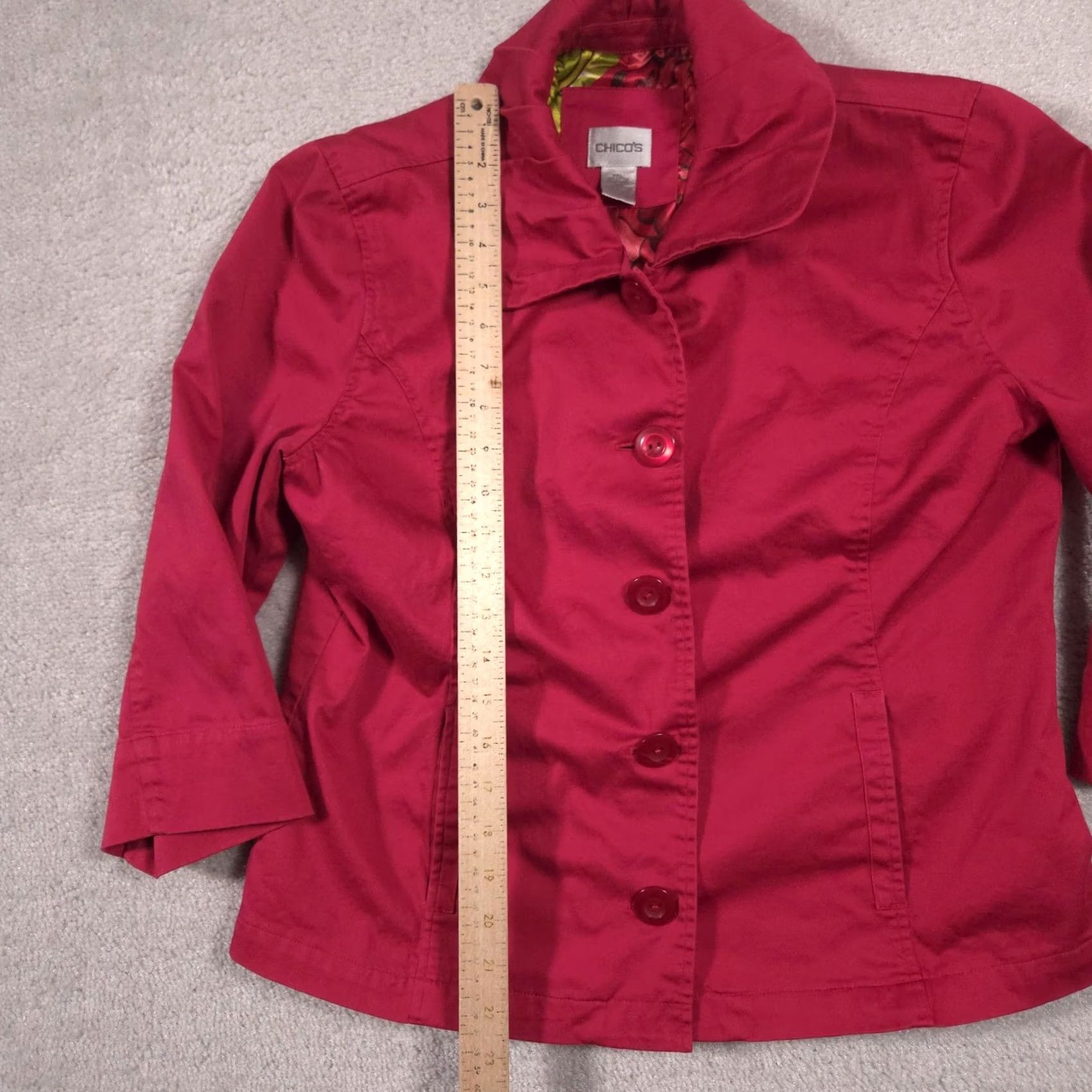 Vintage Chico's Jacket Womens 1 Red Twill 3/4 Sleeve Button Front Lined Collar Pockets Size XS / US 0-2 / IT 36-38 - 7 Thumbnail