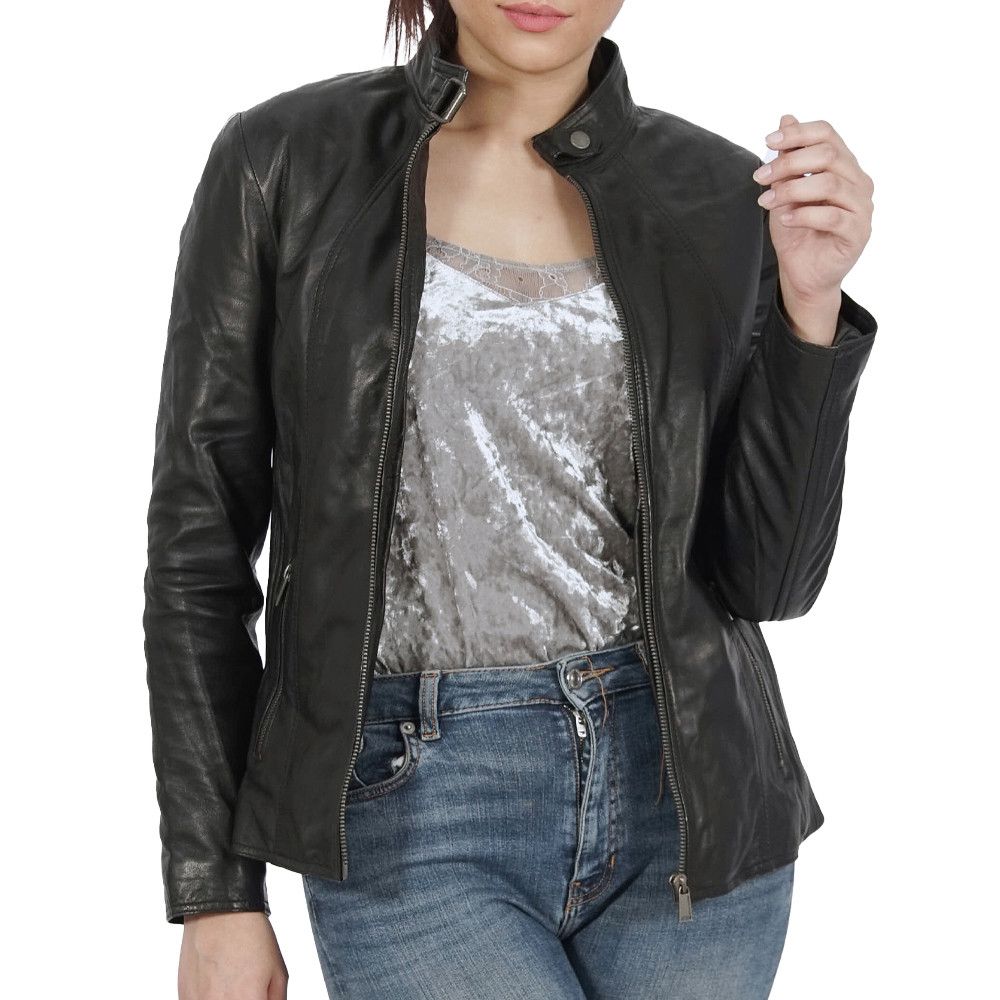 image of Sylvia Biker Black Leather Jacket, Women's (Size Medium)