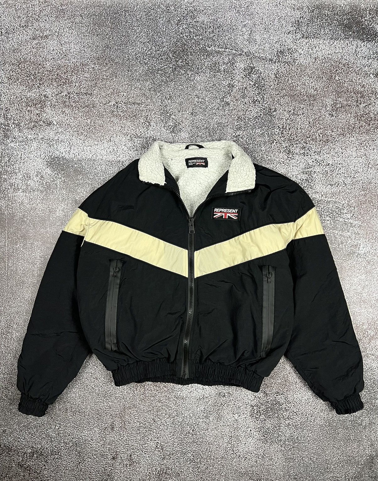 image of Represent Clo Represent Shell Sherpa Nylon Black Bomber Jacket in Black/White, Men's (Size Medium)