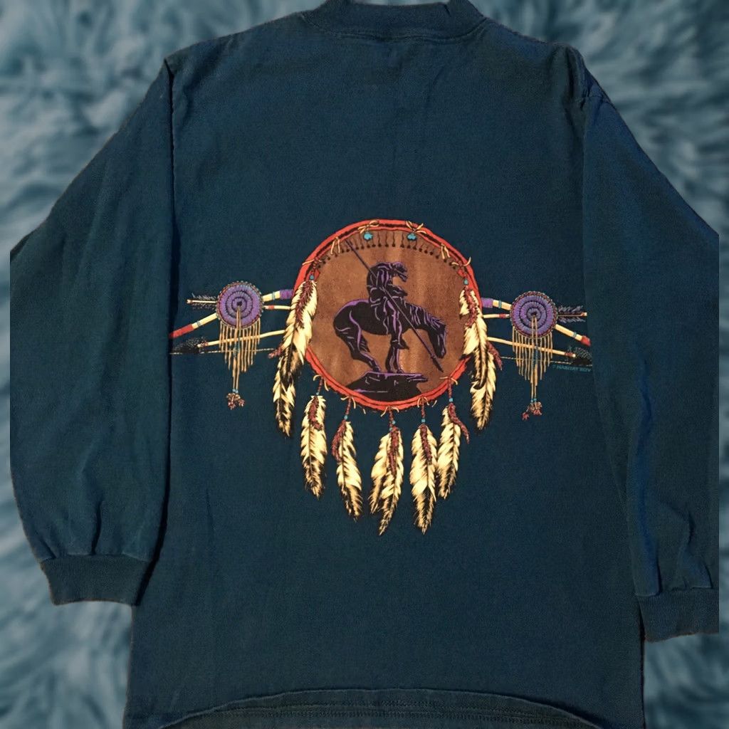 Native VINTAGE Jackson Hole Cowboy All Over Print Shirt M 90s Green Men's Long Sleeve Mock Neck Native Feather Animal Nature Horse Wyoming USA Size US M / EU 48-50 / 2 - 1 Thumbnail