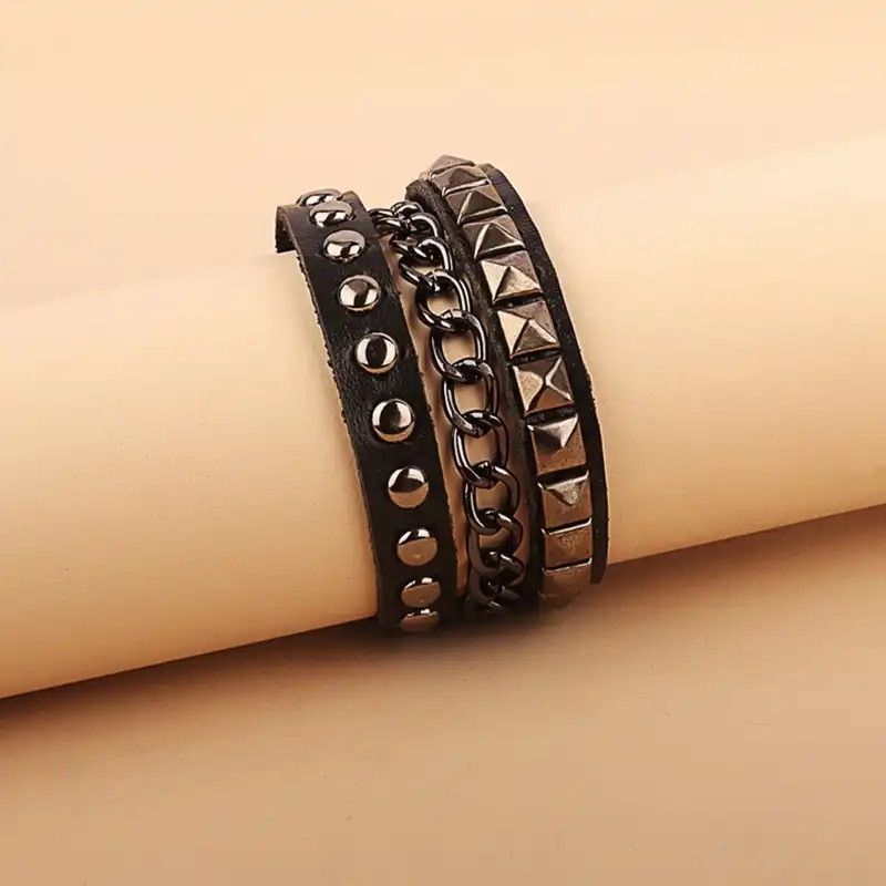 Vintage Punk Leather Bracelet Multilayers Rivets Chain Bracelet Size ONE SIZE - 4 Thumbnail