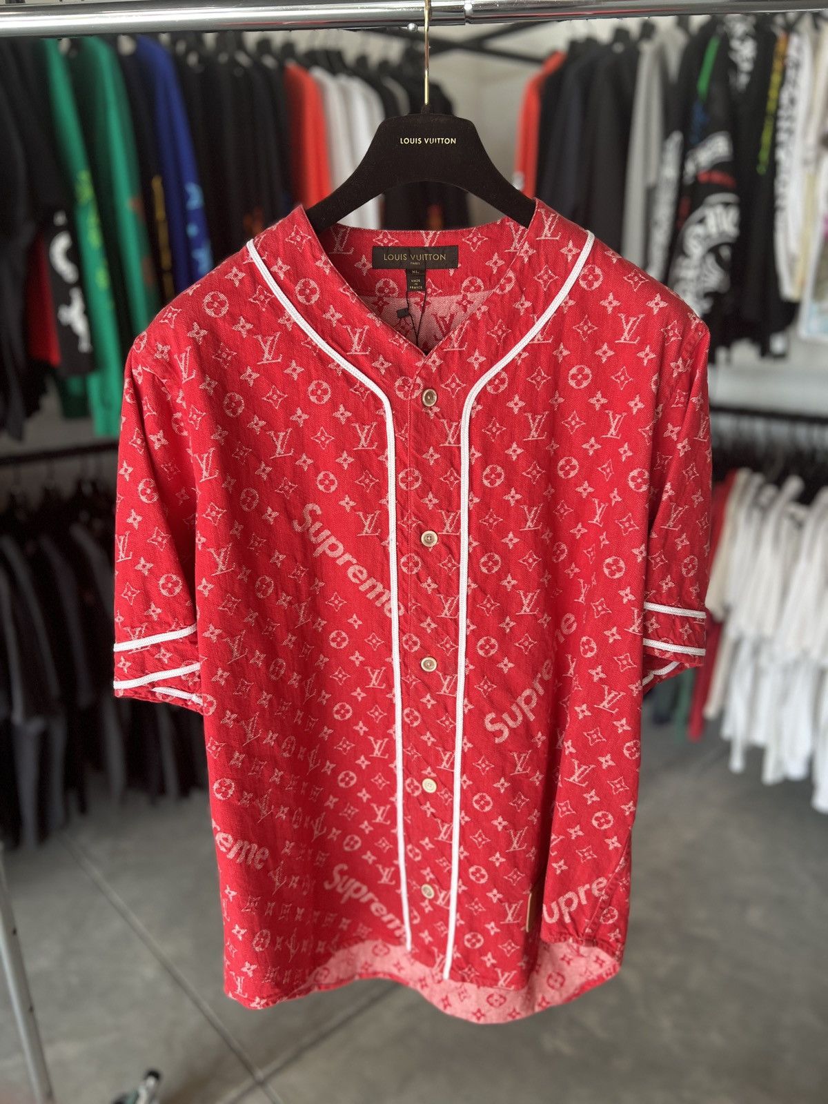 Image of Louis Vuitton Jacquard Denim Baseball Jersey Red, Men's (Size XL)