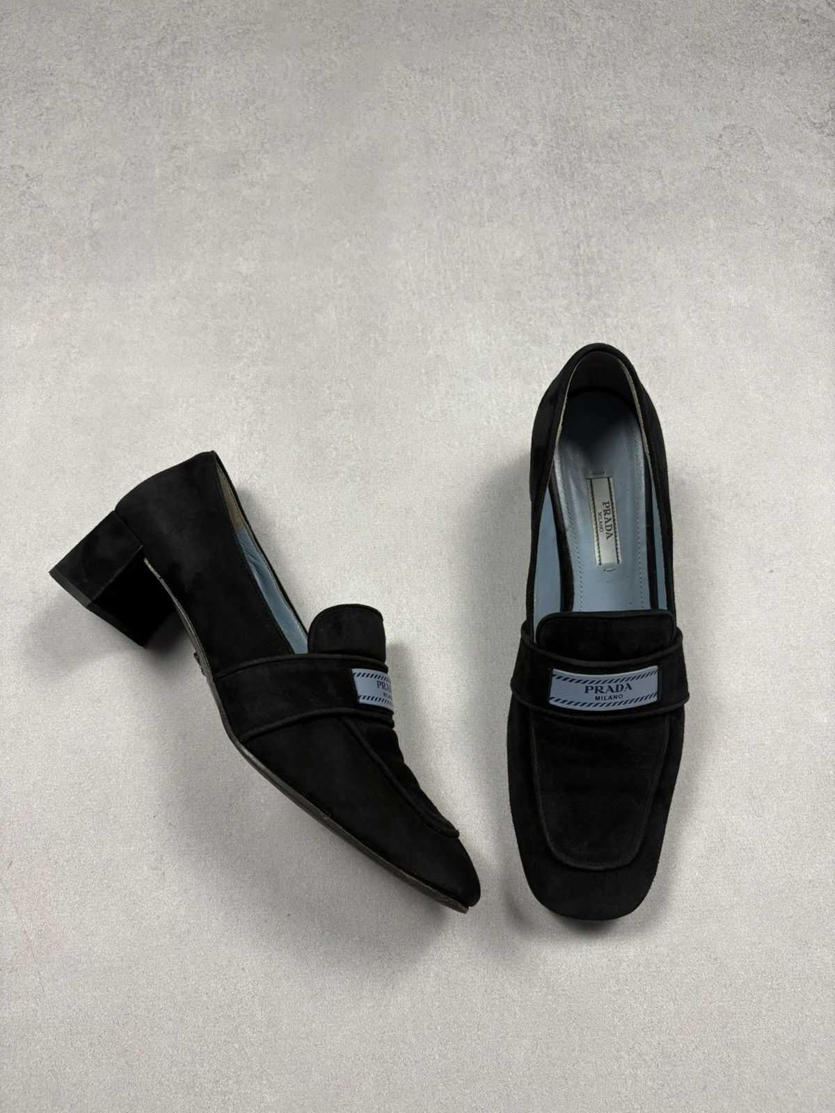 Prada Prada Milano Suede Logo Strap Block Heel Loafers Black 38.5 Size US 8.5 / IT 38.5 - 1 Thumbnail