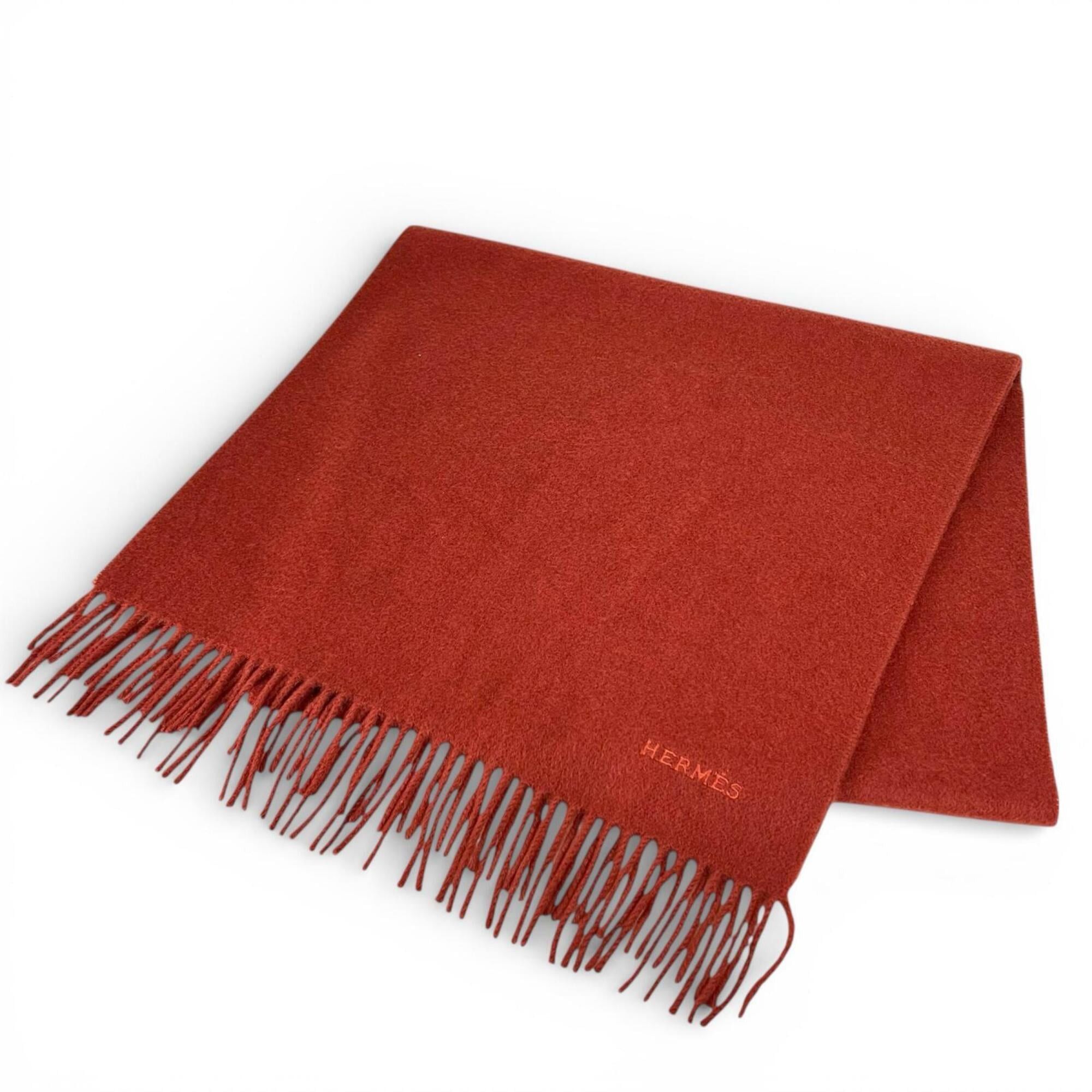 Hermes HERMES 100% Cashmere Scarf/Stole with Logo Embroidery and Fringe, Brown, Made in England, Women's Size ONE SIZE - 1 Thumbnail