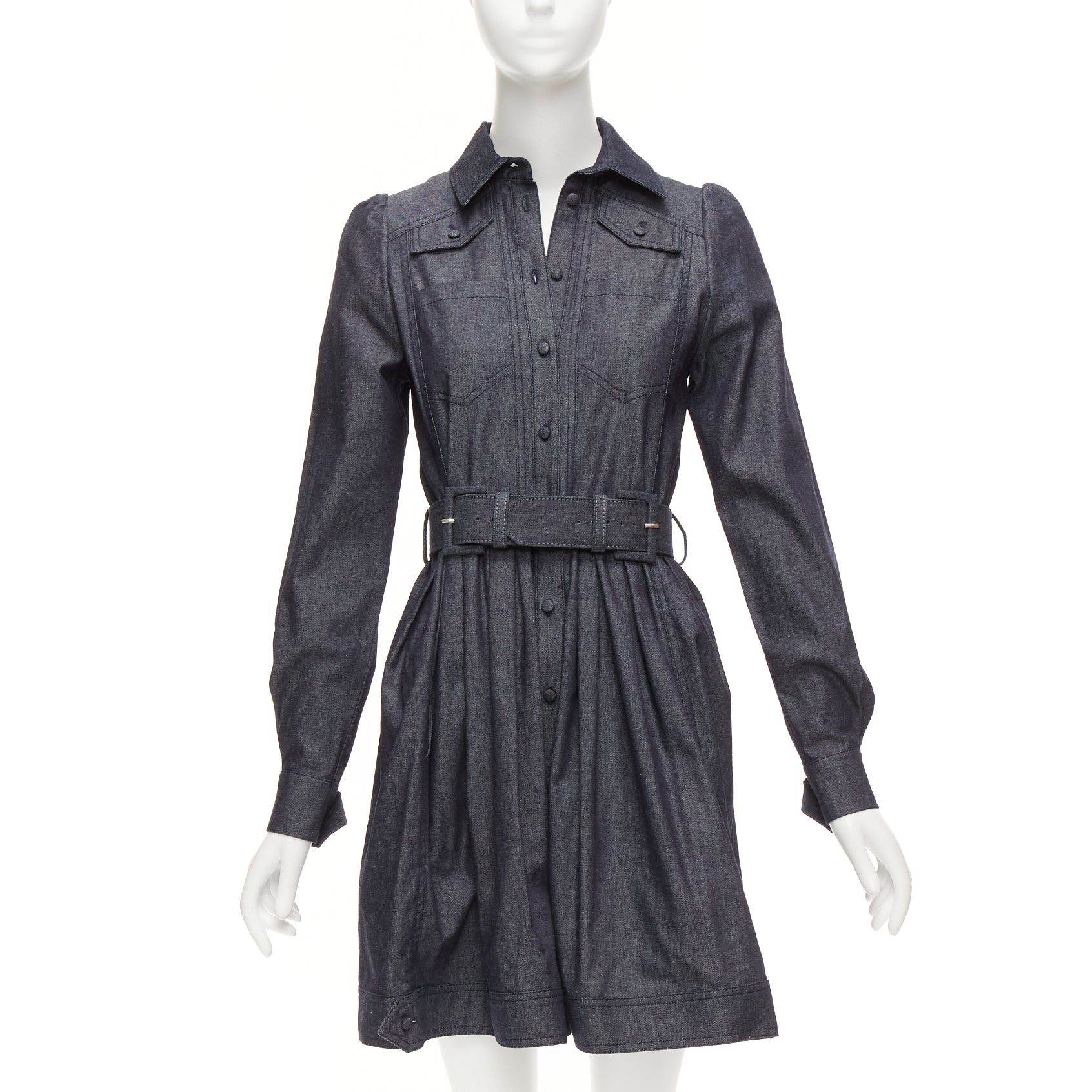image of Dice Kayek Dark Blue Cotton Denim Pleated Front Pocketed Safari Dress Fr34 Xs, Women's