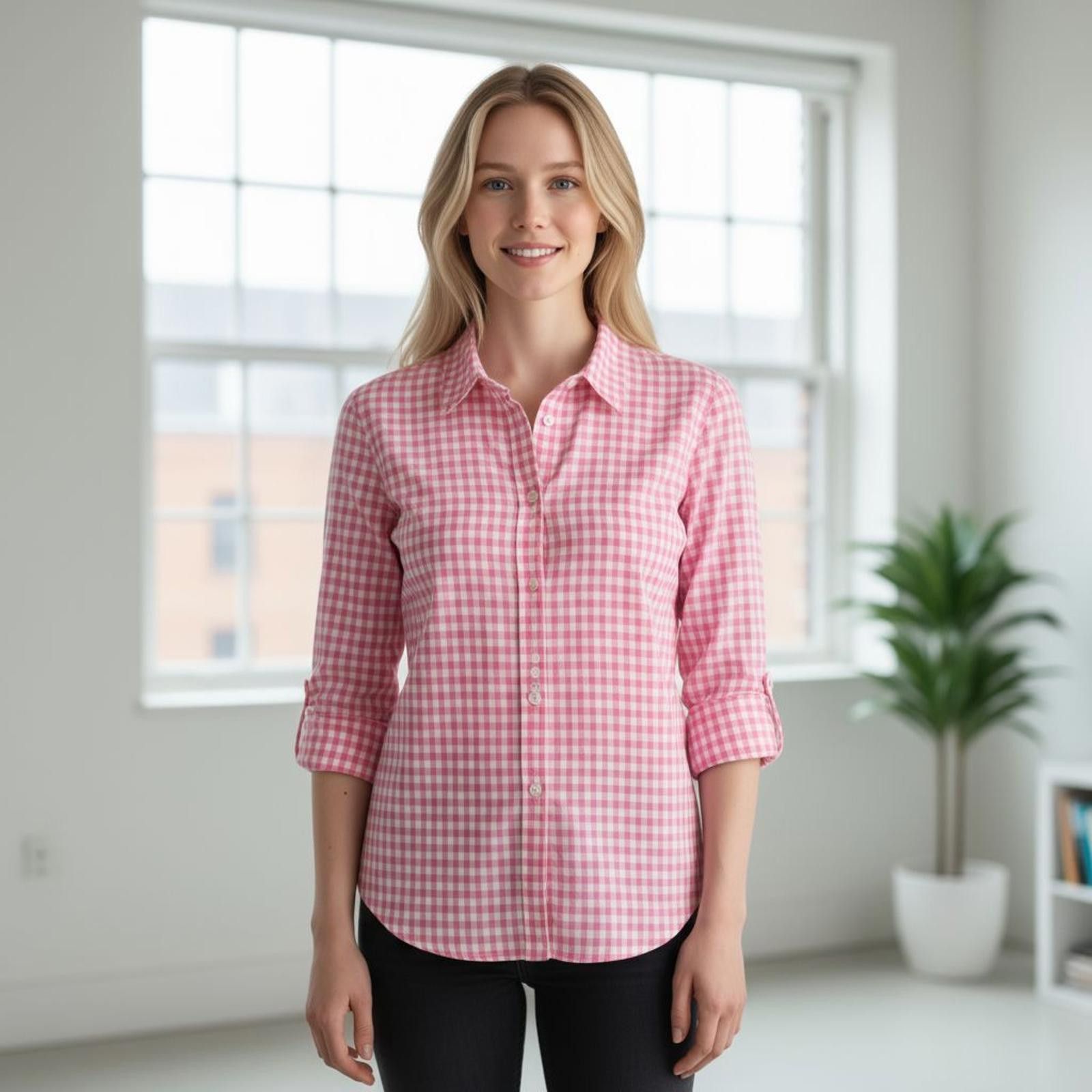 Designer Crown & Ivy Women's Pink and White Gingham Button-Down Shirt Size L / US 10 / IT 46 - 1 Thumbnail