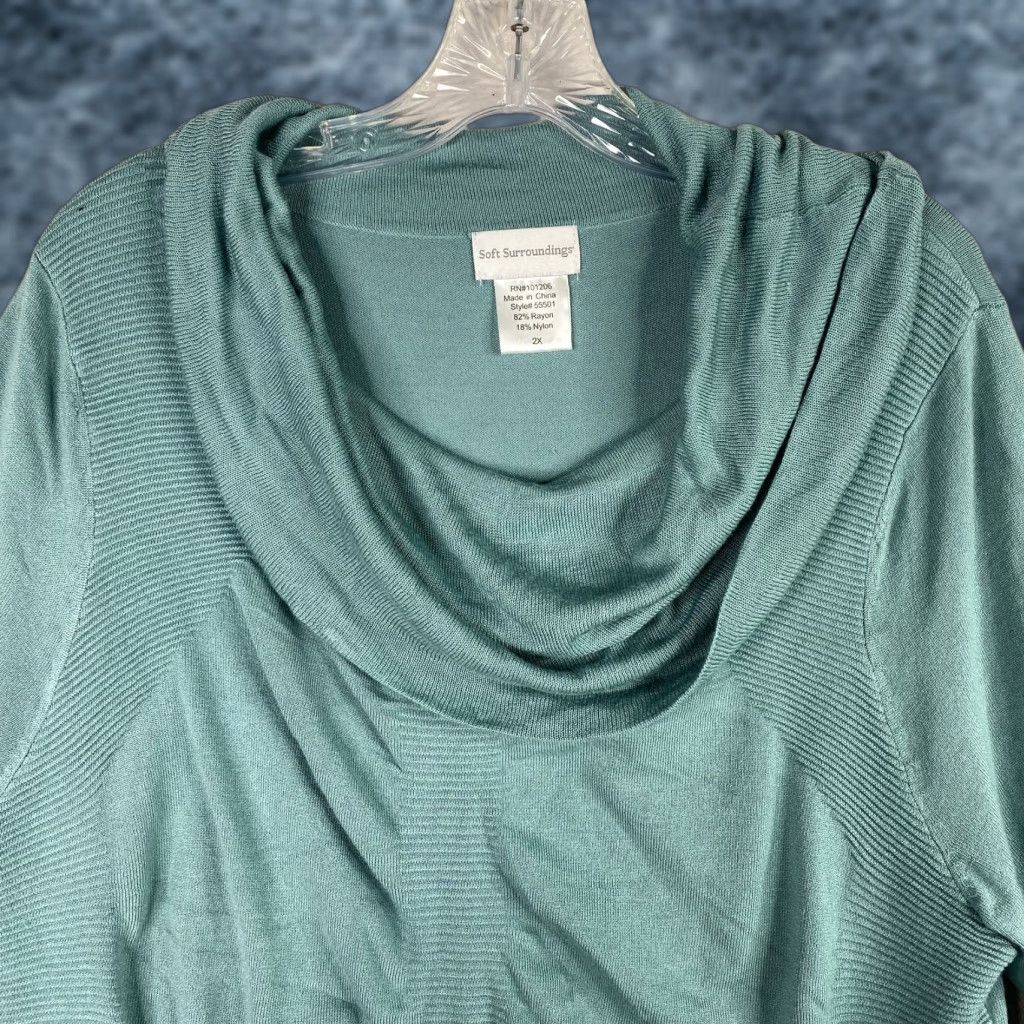 Soft Surroundings Soft Surroundings Blouse Shirt Women 2X Green Cowl Neck Knit Short Sleeve Ribbed Stretch Vintage: No Size XXL / US 16-18 / IT 52-54 - 1 Thumbnail