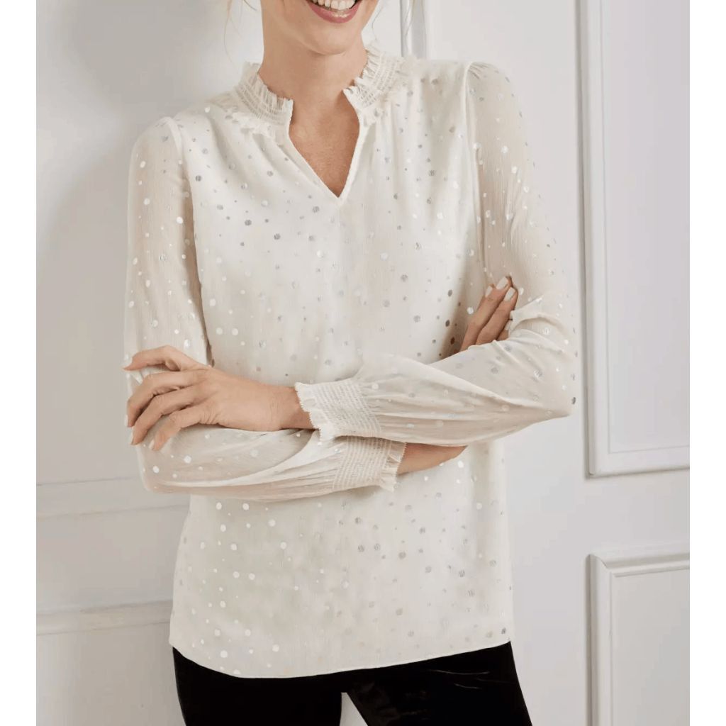 Robert Talbott Talbots NWT Smocked Cheerful Dots Top White Silver Polka Dot Size XL / US 12-14 / IT 48-50 - 1 Thumbnail