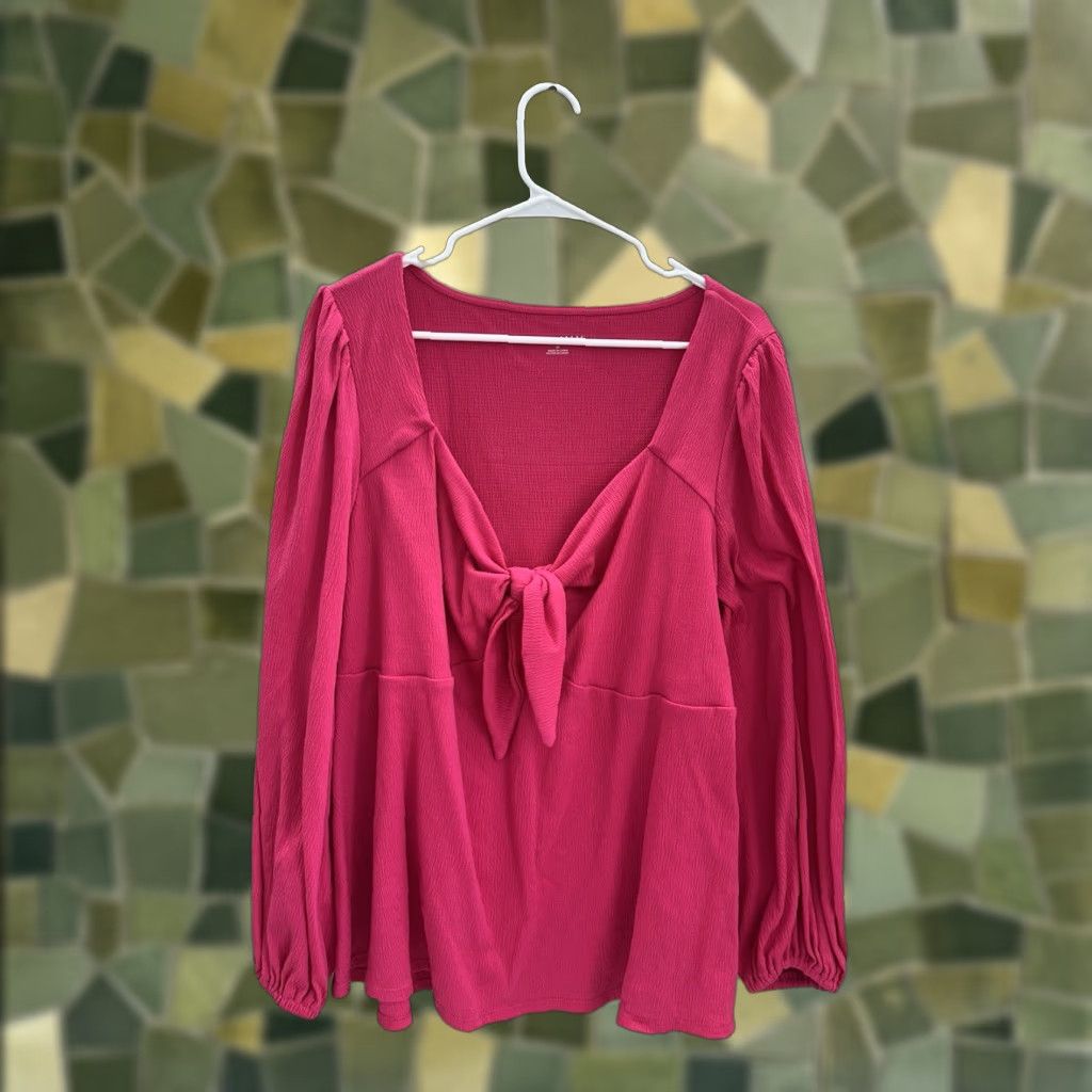 Vintage Ava & Viv Womens Shirt 2X Pink Long Sleeve Knot Front Blouse Shirt Ballon Sleeve Casual Knit Regular Plus Tops Mens Womens? Size XXL / US 16-18 / IT 52-54 - 1 Thumbnail