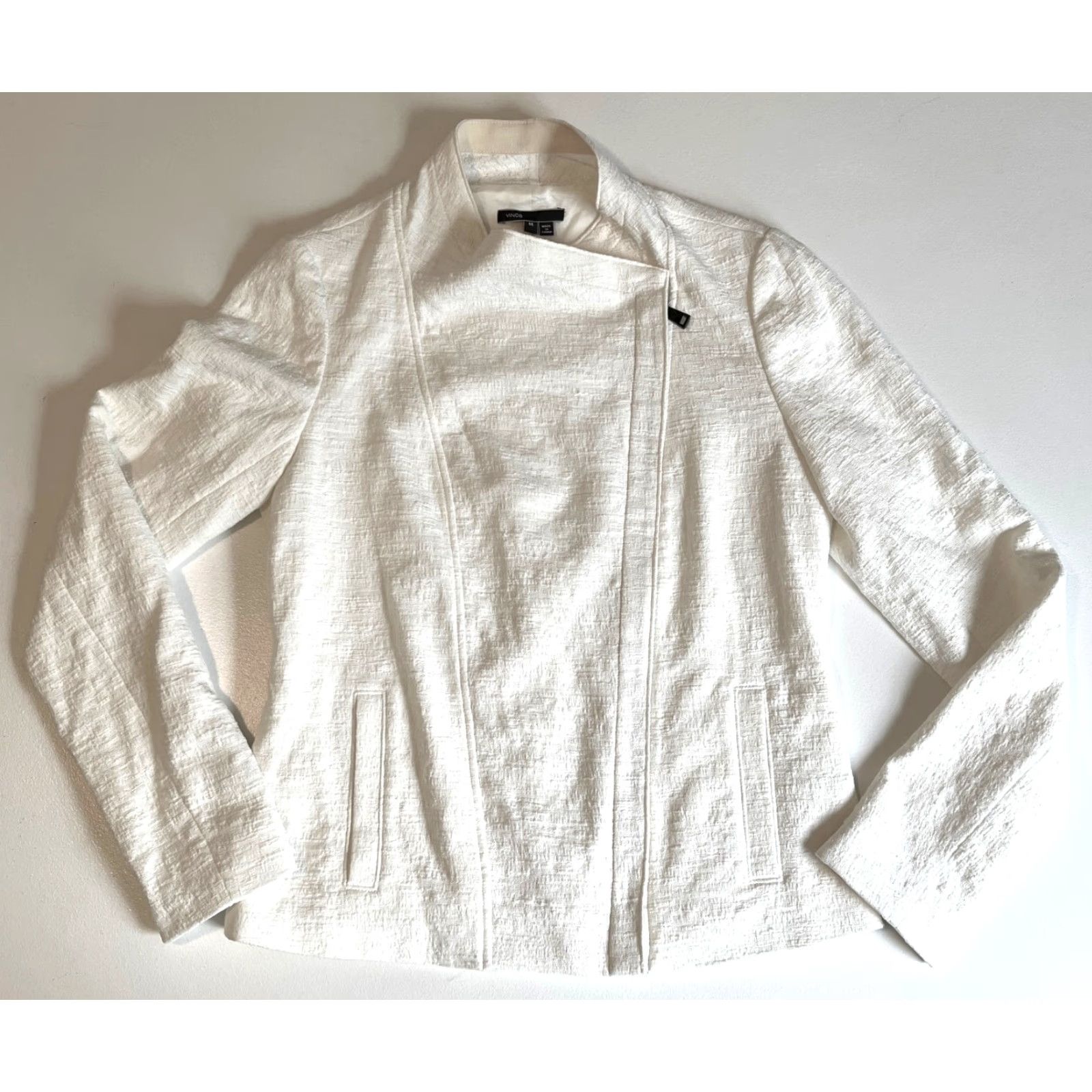 Vince NWT Vince Women's Jacket Biker Asymmetrical Zip Stretch Cotton Frise Sz M Cream Size M / US 6-8 / IT 42-44 - 6 Thumbnail