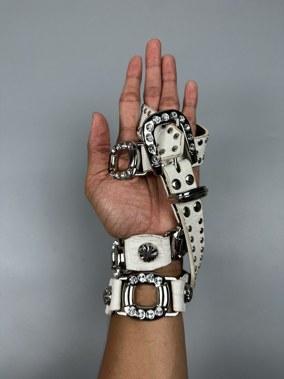 If Six Was Nine Rare Chrome Hearts Inspired White Leather Diamond Studs Belt Size 34 - 5 Thumbnail