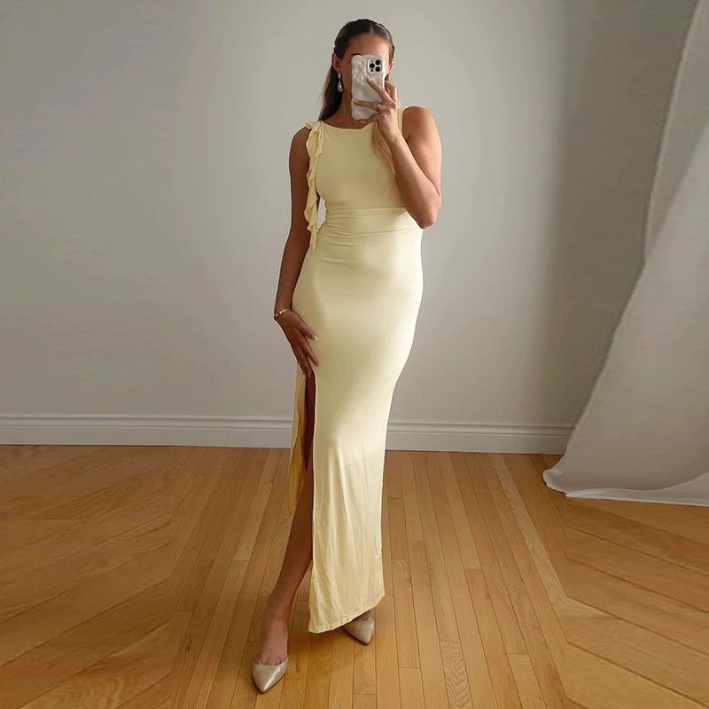 image of Vintage Hottie Peplum Sleeveless Skirt With Slits in Apricot, Women's (Size Medium)