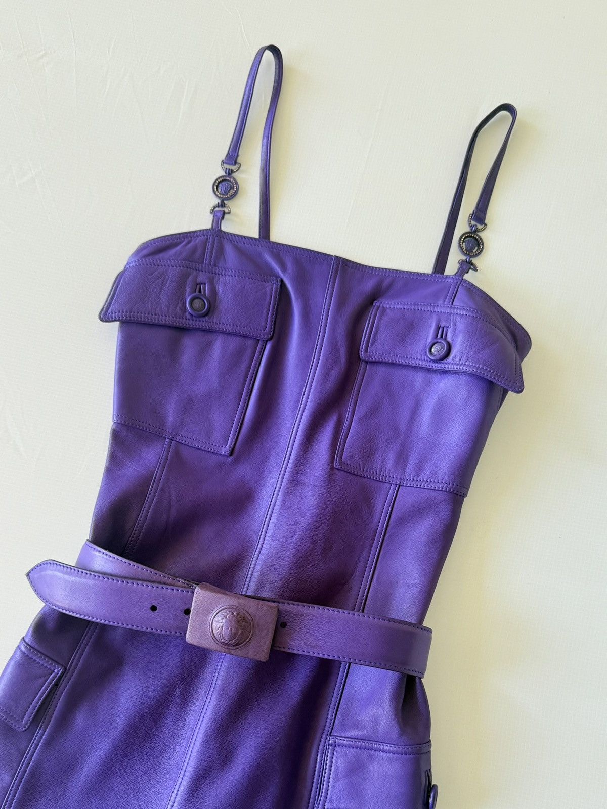 Versace Gianni Versace 1996 F/W Purple Leather Belted Shift Dress Size XS / US 0-2 / IT 36-38 - 4 Thumbnail
