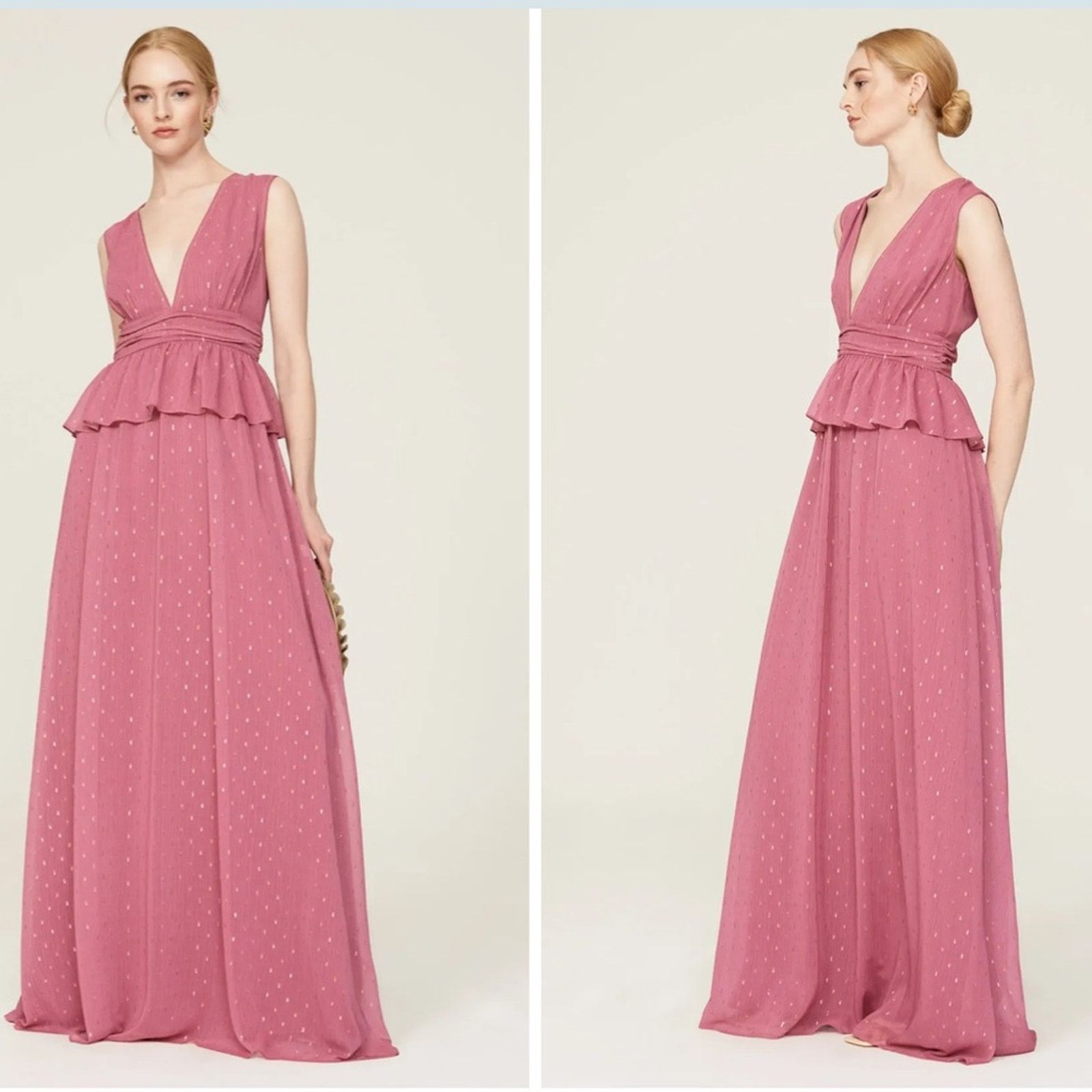 LDT Pink Rose Metallic Peplum Waist V Neck Maxi Gown Dress