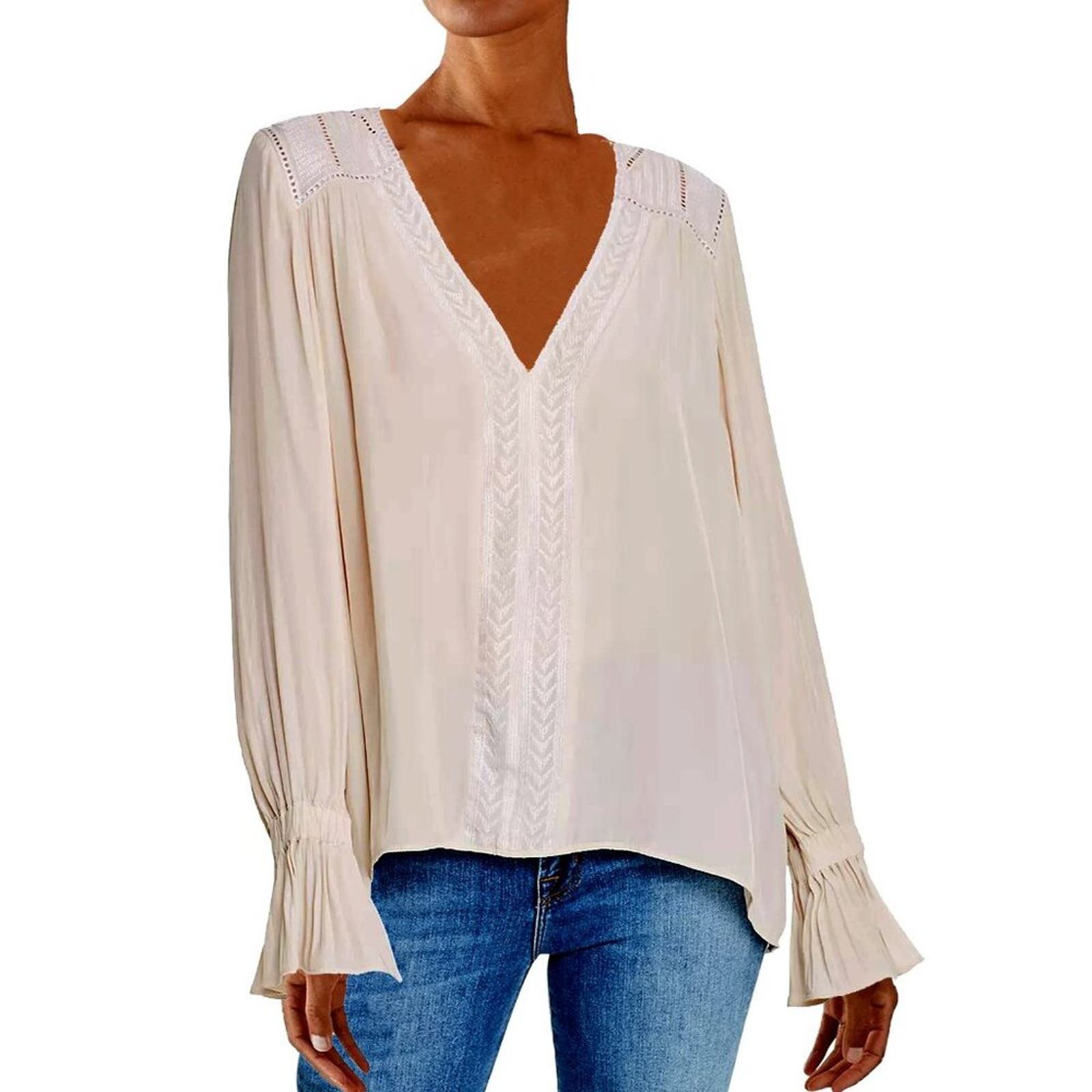 image of Ramy Brook Sumner Embroidered Top Ivory Blouse Shirt Small S in White, Women's