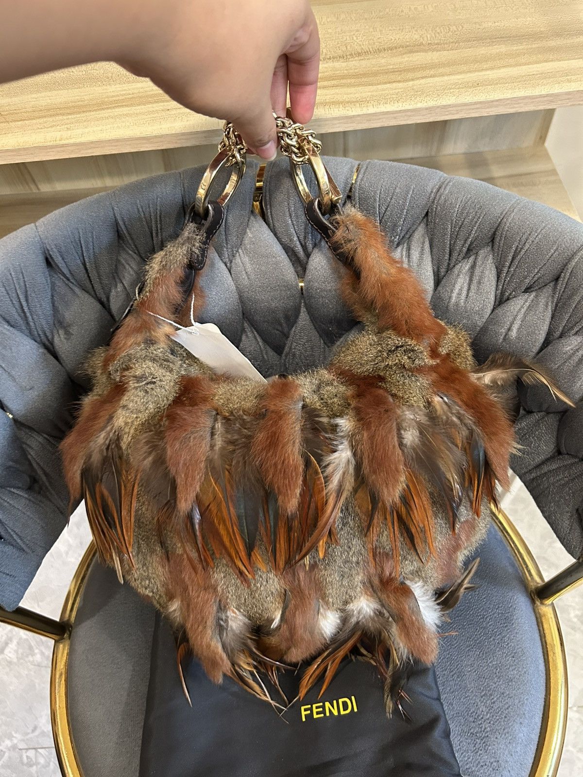 Fendi Fendi Feather & Rabbit Fur Small Croissant Chain Hobo Size ONE SIZE - 3 Thumbnail