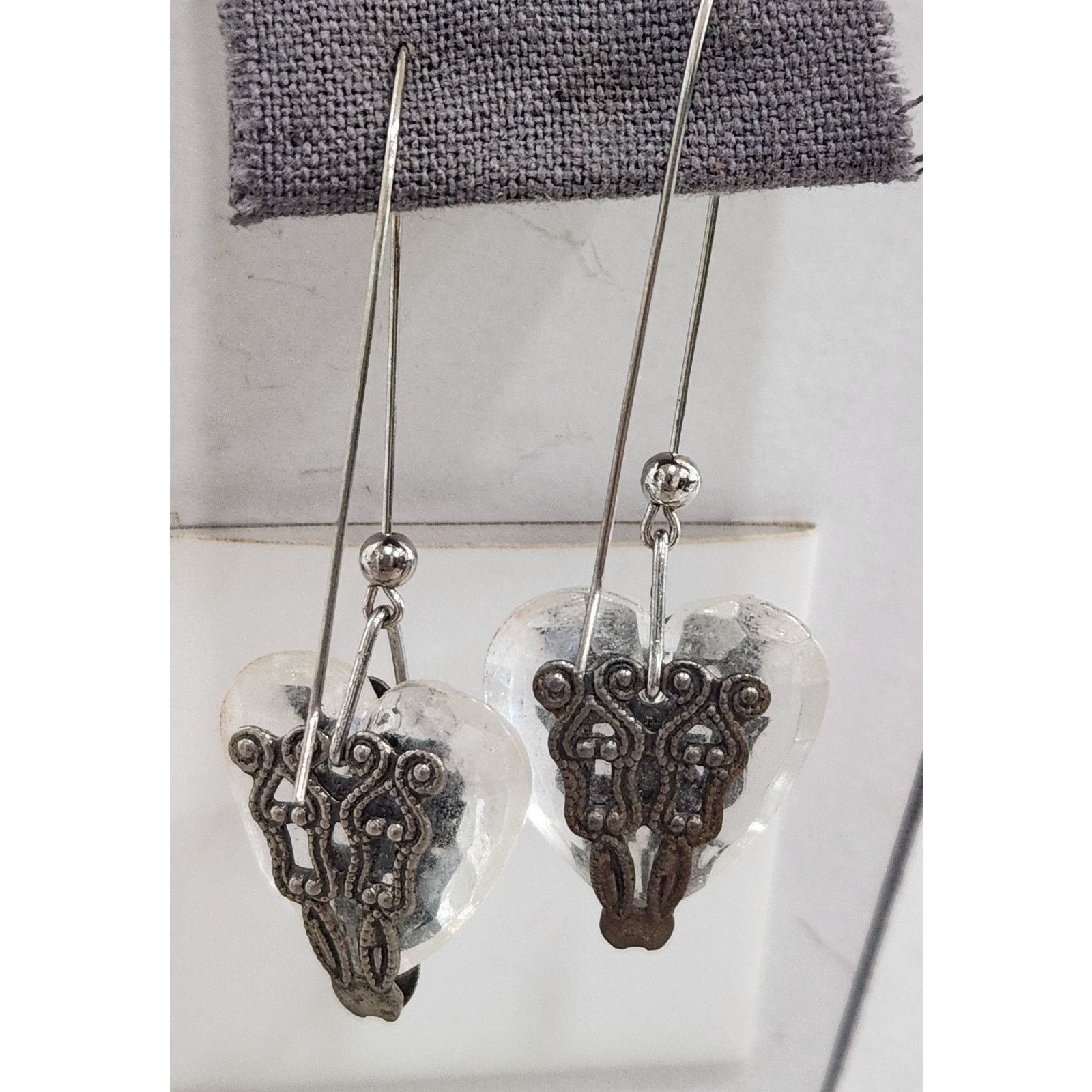 Other VTG Silver Cherubs Acrylic Heart Dangle Hook Earrings 3" Size ONE SIZE - 2 Thumbnail
