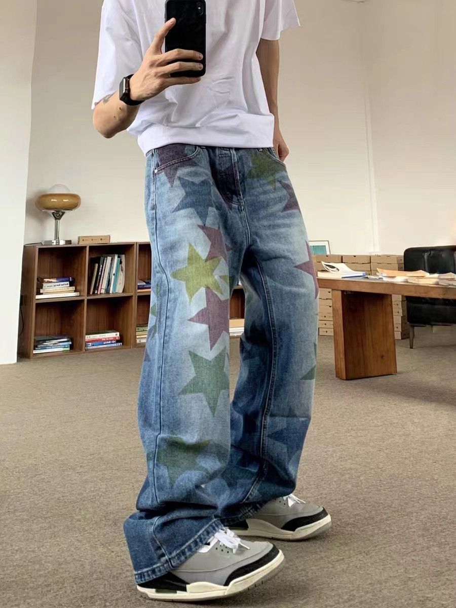 Street style five-pointed star print loose straight jeans