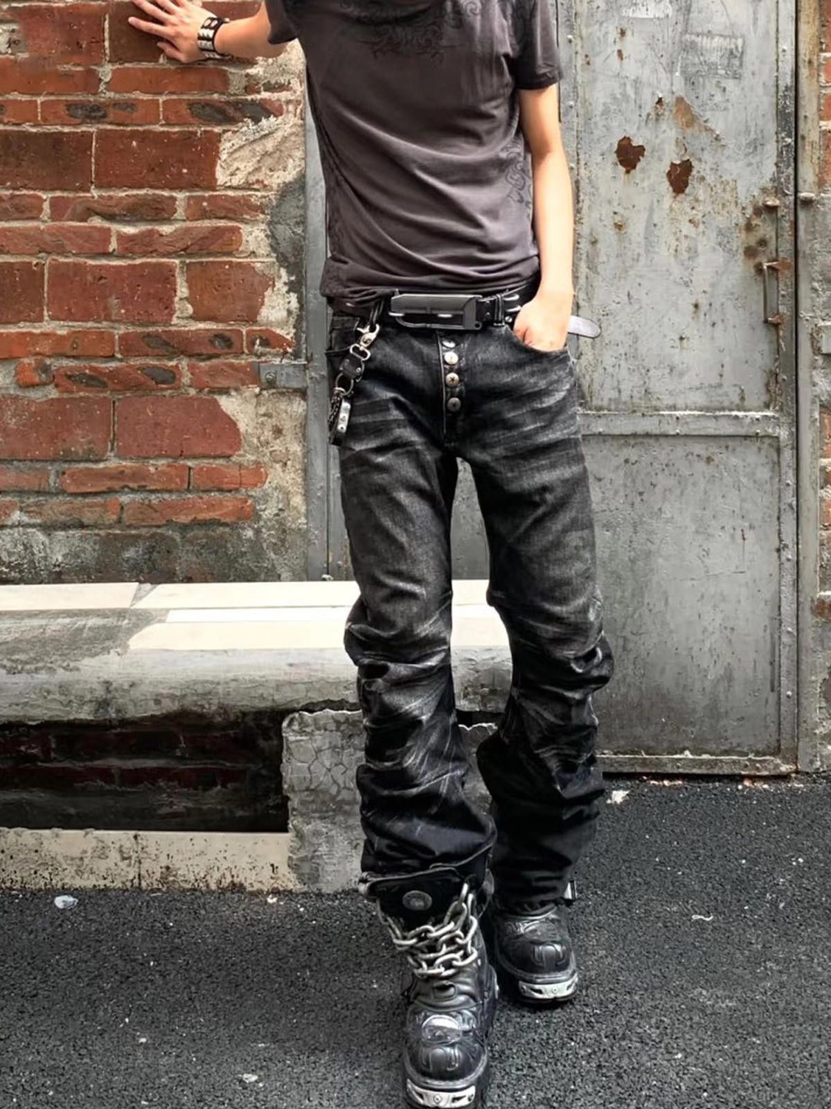 Vintage Black Button Stud Pleated Stacked Denim Jeans Size US 32 / EU 48 - 5 Thumbnail