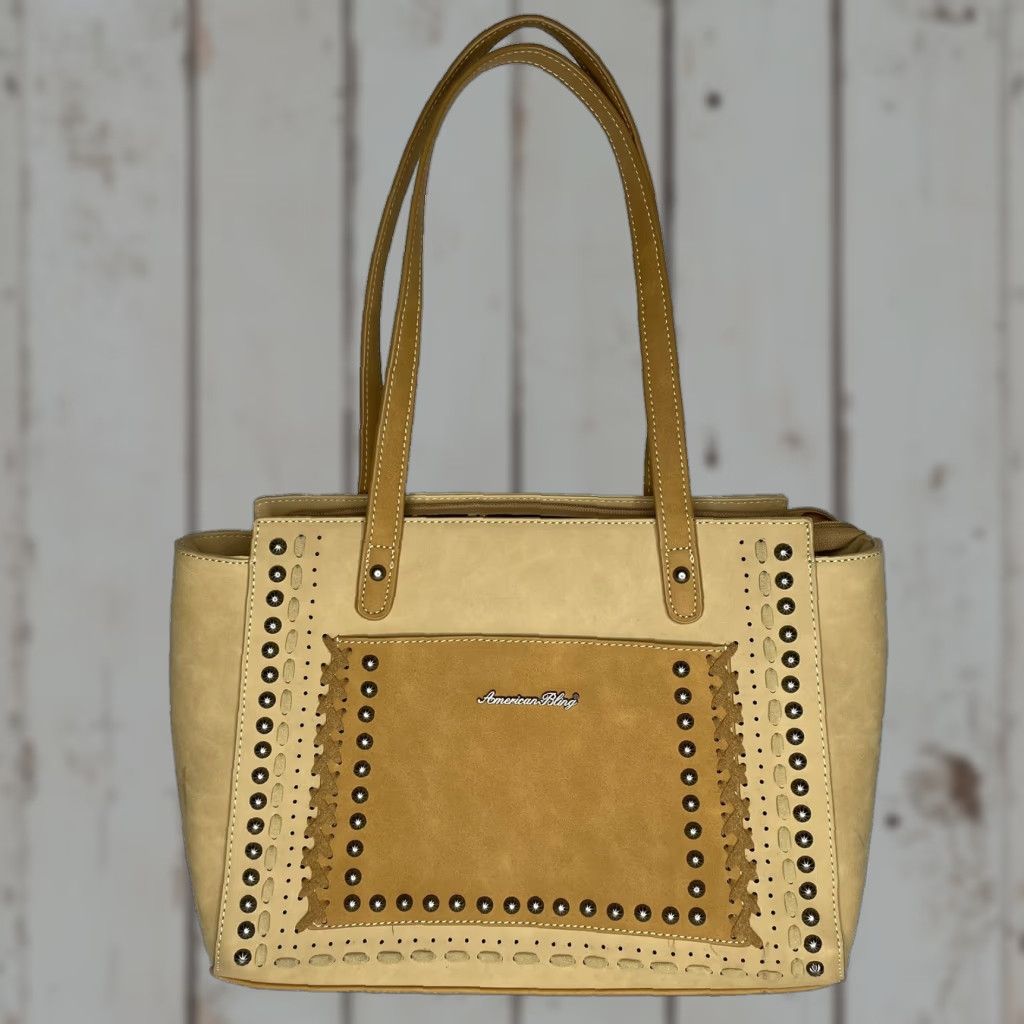 Vintage American Bling Concealed Carry Shoulder Bag Tan Purse Studded Detail Zip Closure Purse Women Large Brown Tan Size ONE SIZE - 1 Thumbnail