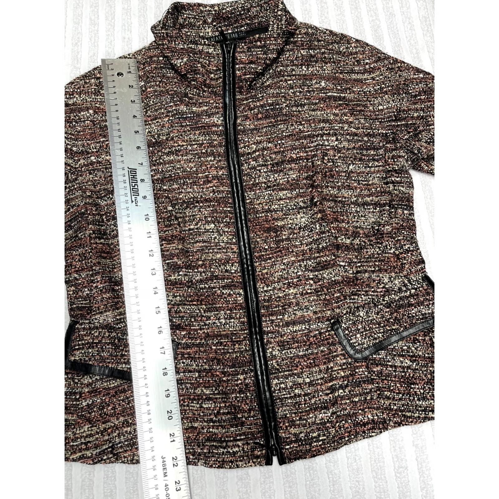 Vintage Lafayette 148 New York Zip Front Tweed Jacket Faux Leather Trim Brown Size 10 Size L / US 10 / IT 46 - 4 Thumbnail