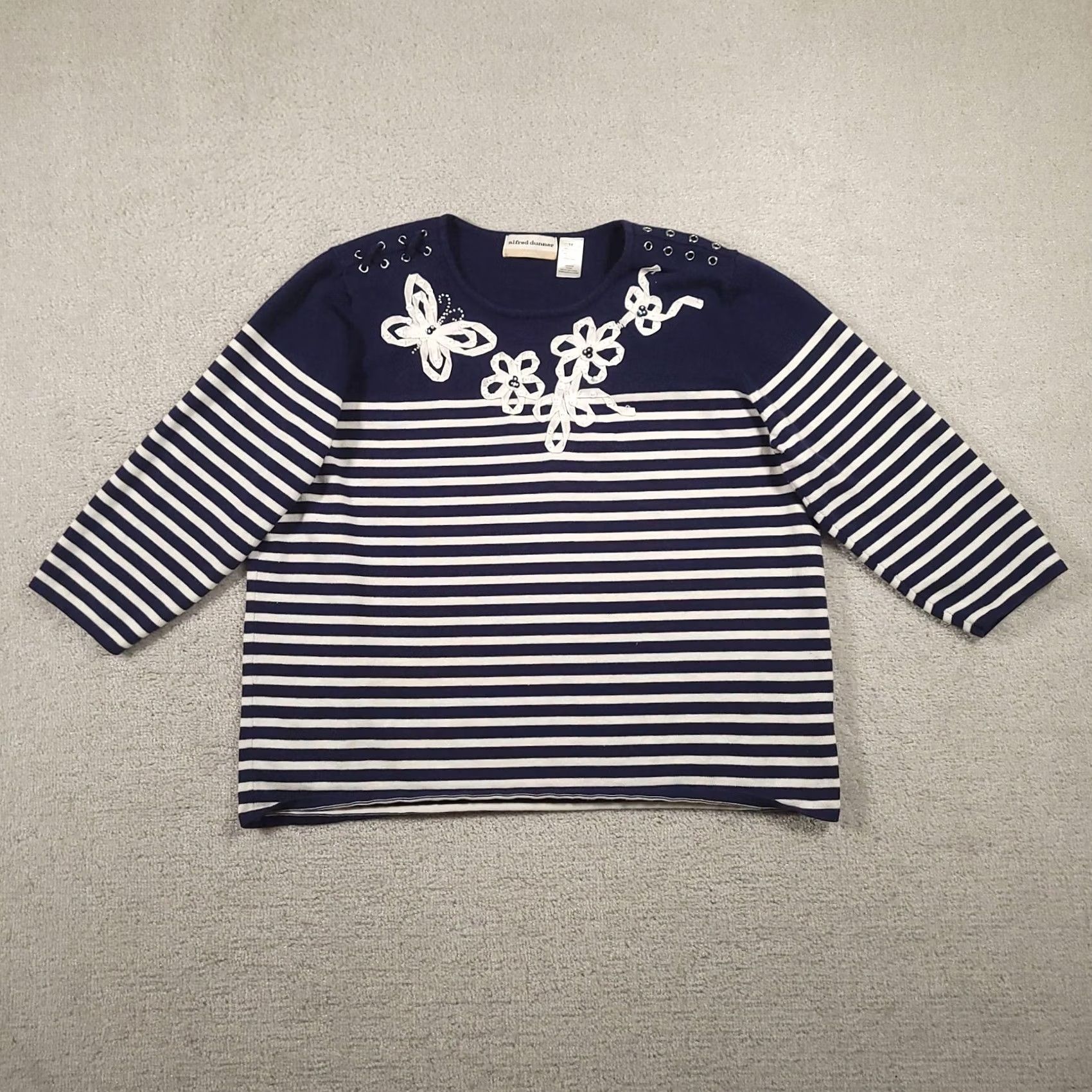 Vintage VINTAGE Alfred Dunner Pullover Sweater Womens 1X Navy Striped Floral Applique Grommet Knit Crew Neck 3/4 Sleeve Beaded Sequin Embroidered Size XL / US 12-14 / IT 48-50 - 2 Thumbnail
