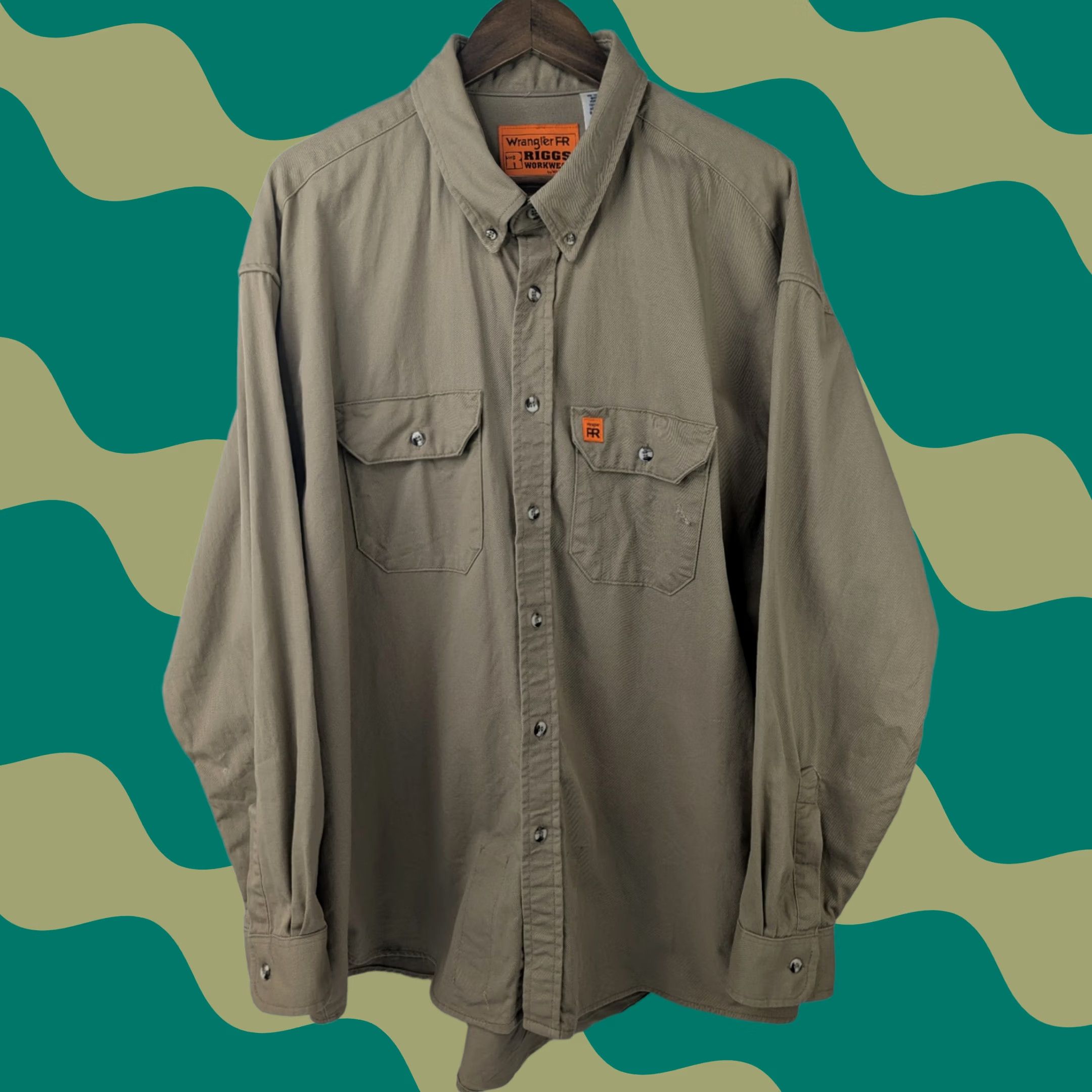 Wrangler Wrangler Shirt Mens 2XL Khaki Beige FR Button-Up Long Sleeve Workwear Collared Button-Front Safety Pockets Cowboy Western Size US XXL / EU 58 / 5 - 1 Thumbnail