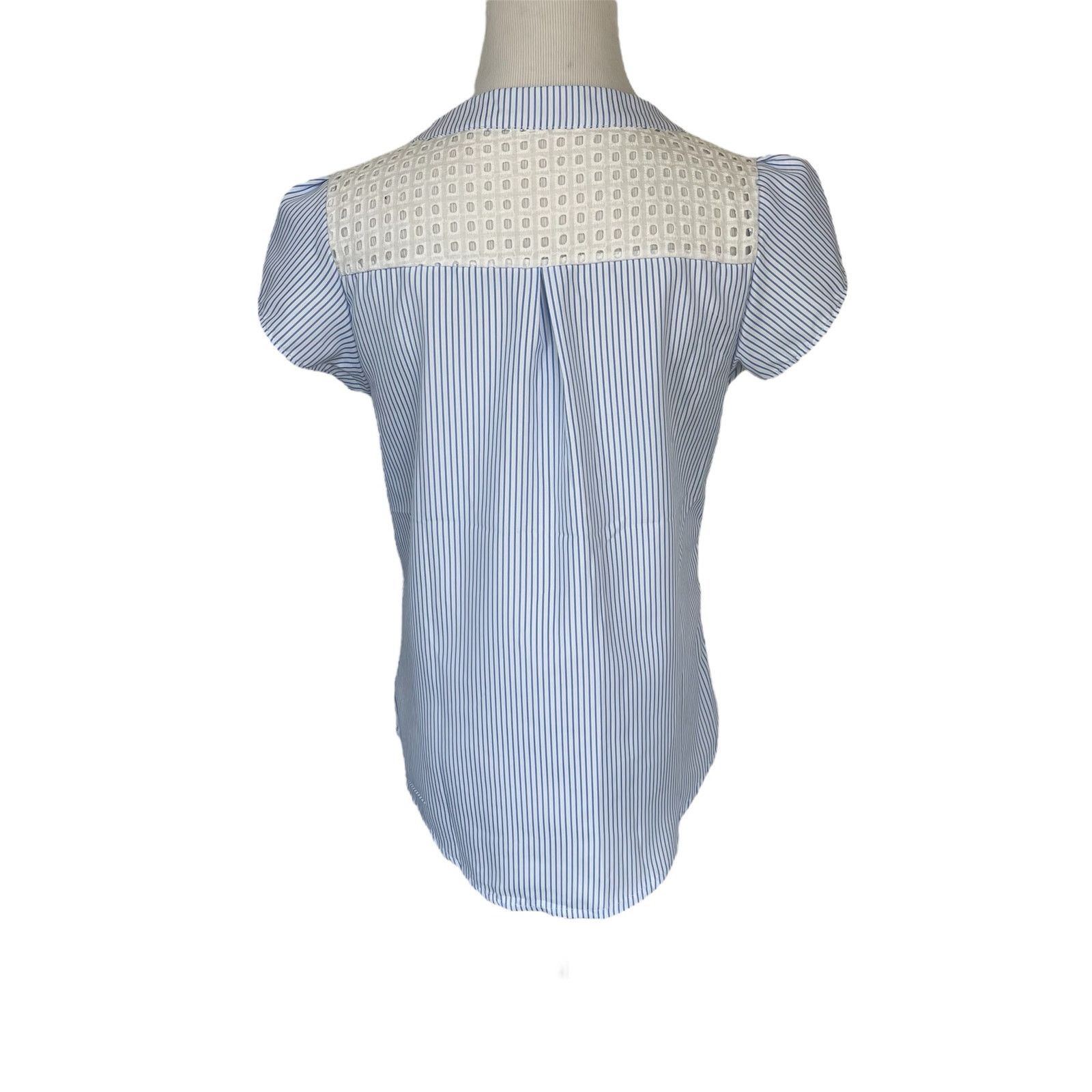 Other Blue & White Stripe Button Down Blouse Lace Short Sleeve Top Size M / US 6-8 / IT 42-44 - 7 Thumbnail