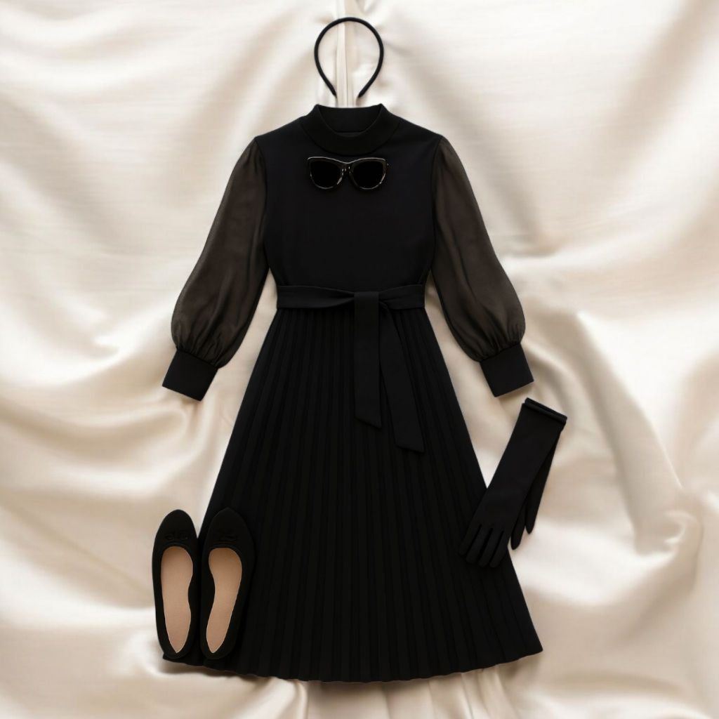 Vintage Vintage 60s Black Pleated Skirt Sheer Long Sleeve Dress Size L / US 10 / IT 46 - 1 Thumbnail