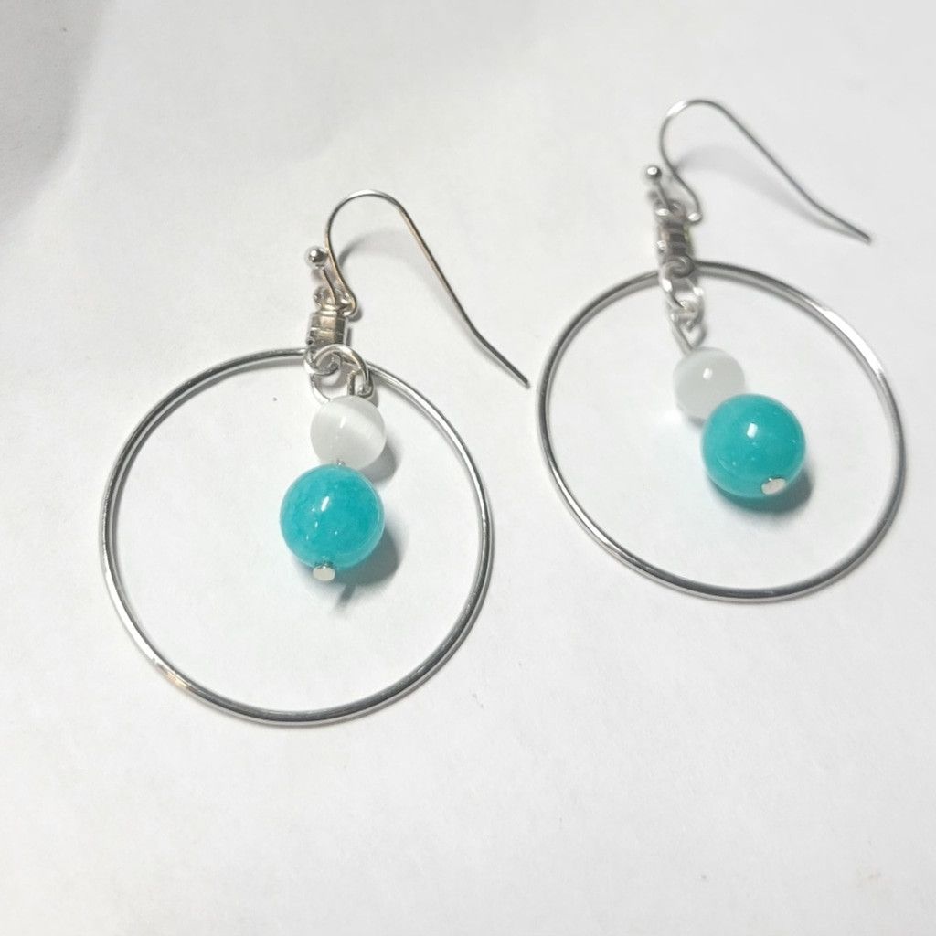 Handmade Natural Crystal Amazonite Selenite Beaded Hoop Drop Earrings Size ONE SIZE - 1 Thumbnail