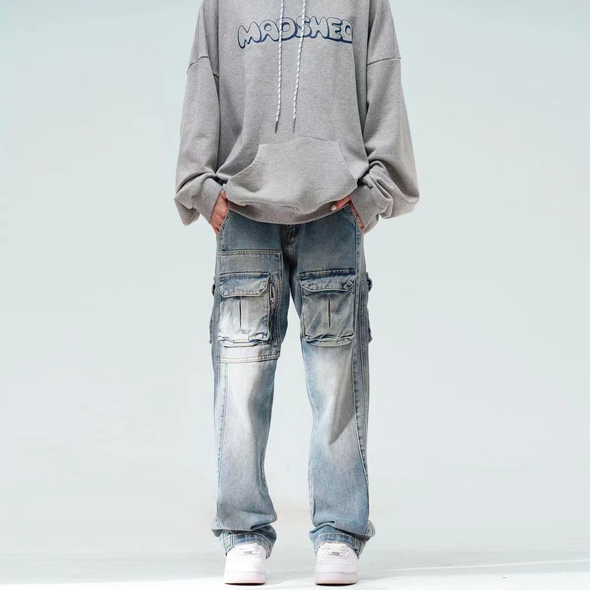 High street vibe style multi-pocket work jeans