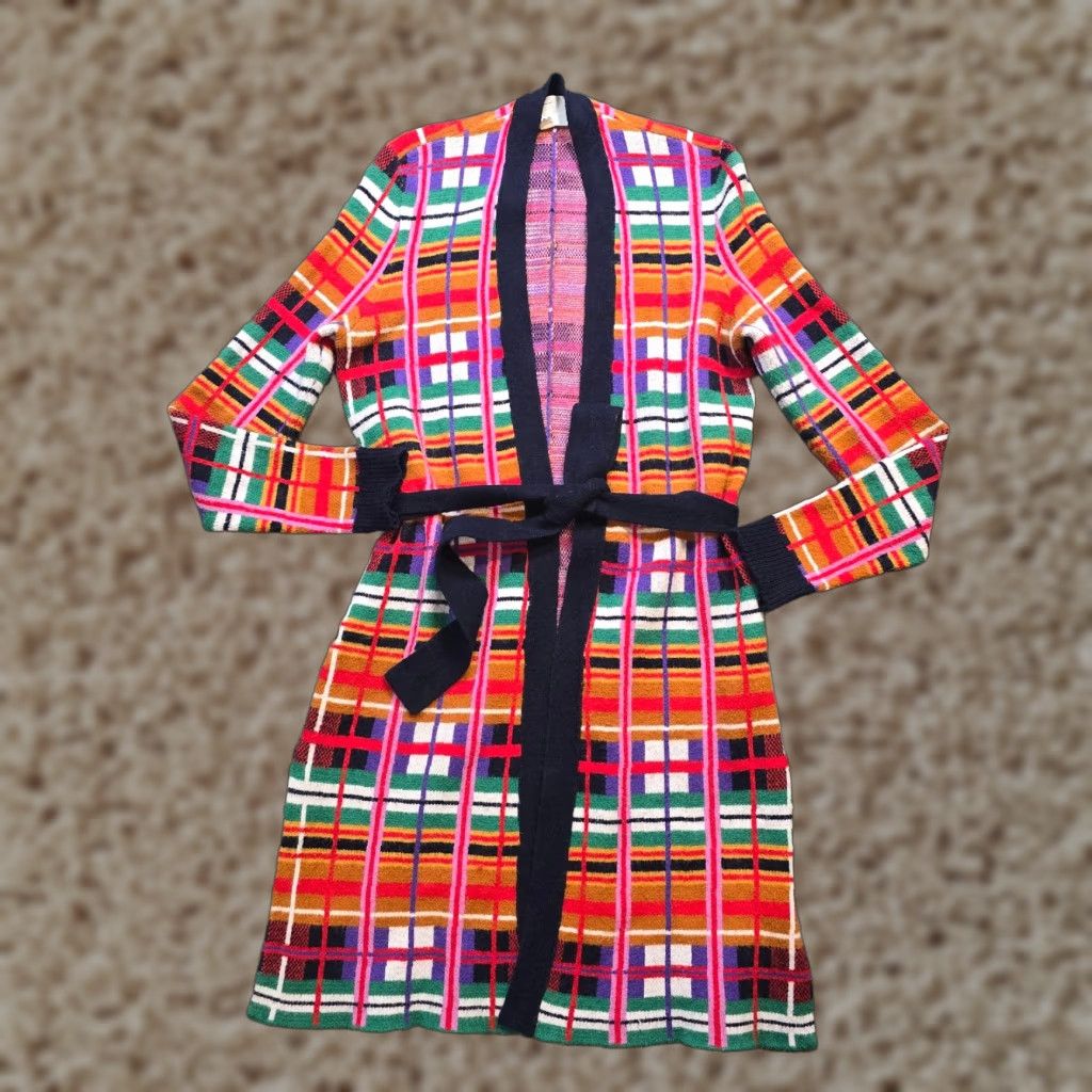 Anthropologie Moth Anthropologie Cardigan Women XS Red Plaid Colorful Belted Duster Cardigan Size XS / US 0-2 / IT 36-38 - 1 Thumbnail