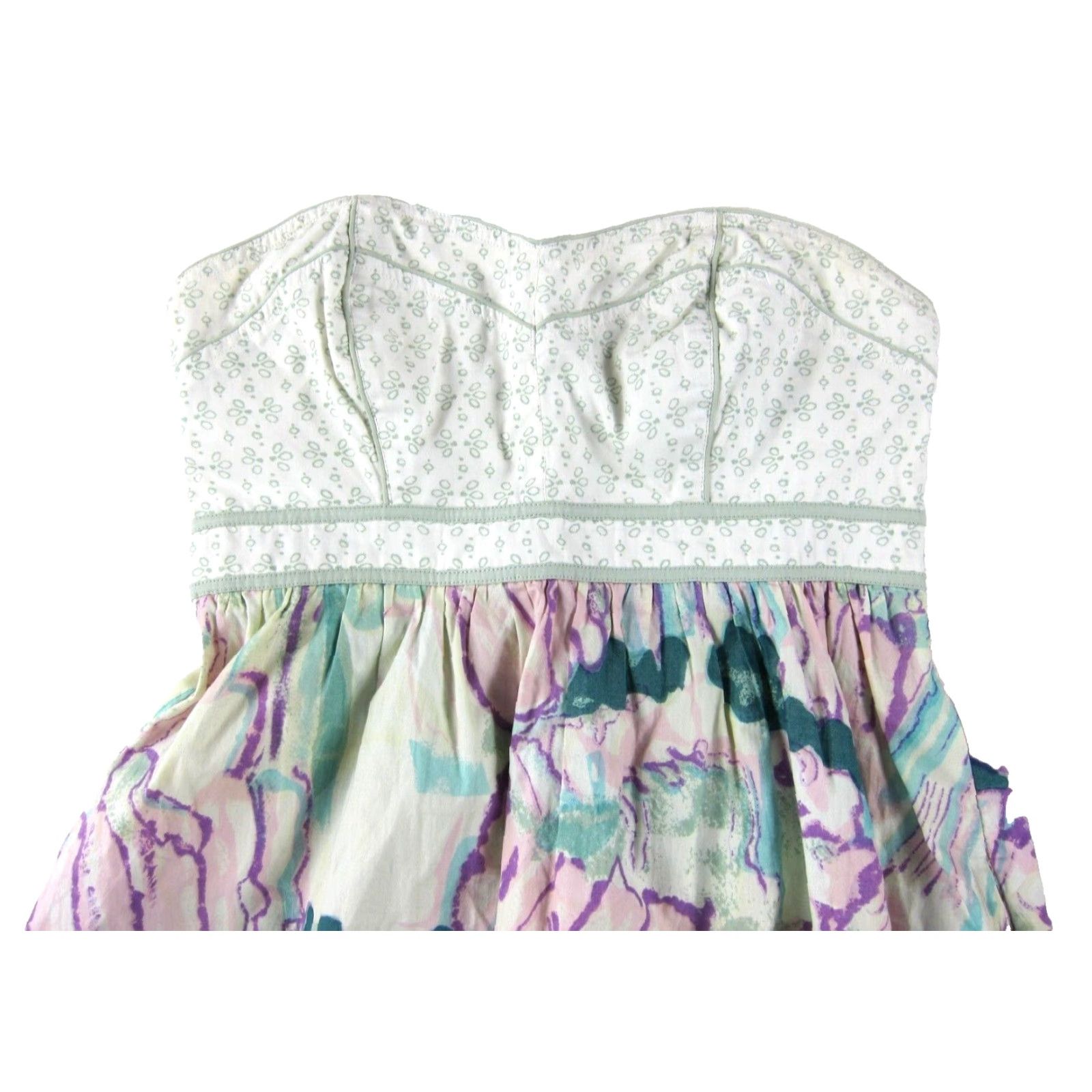 Vintage Kimchi Blue Cotton Green Ivory Purple Floral Abstract Pocket Strapless Dress 4 Size S / US 4 / IT 40 - 4 Thumbnail