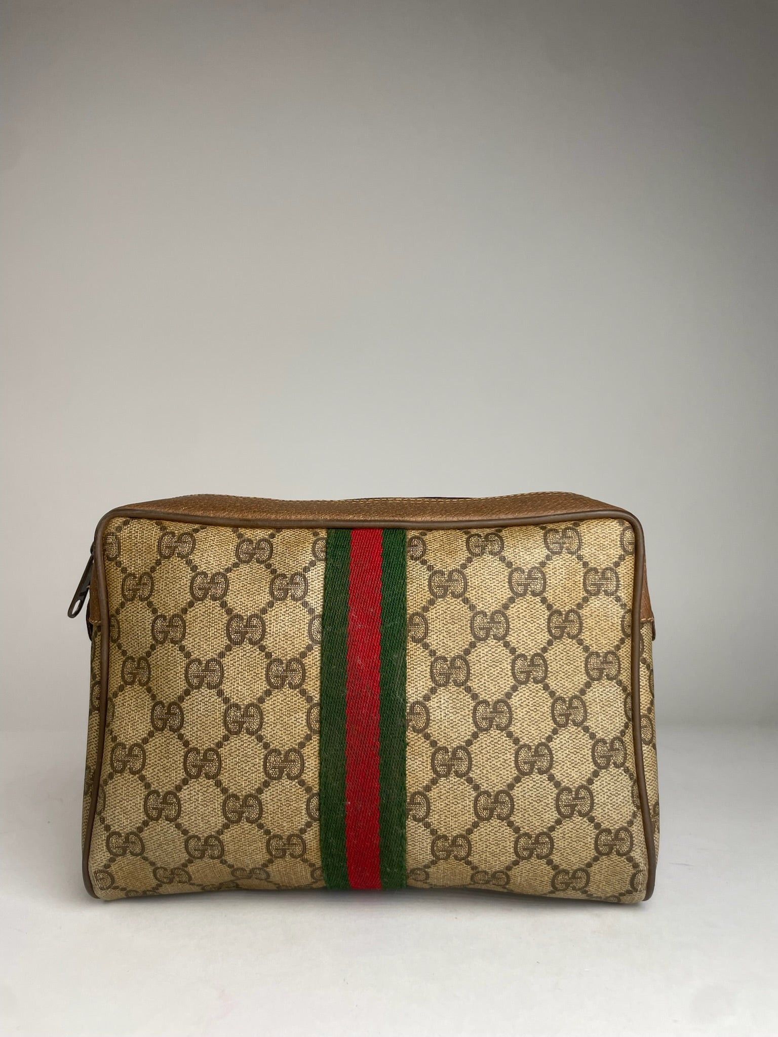 Gucci Vintage Leather Monogram Clutch Brown Grey, Women's