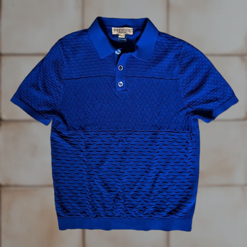 Vintage Prestige Polo Shirt Mens L Blue Knit Premium Luxe Geometric Preppy Short Sleeve Button Collared 38 Chest Regular Size US L / EU 52-54 / 3 - 1 Thumbnail