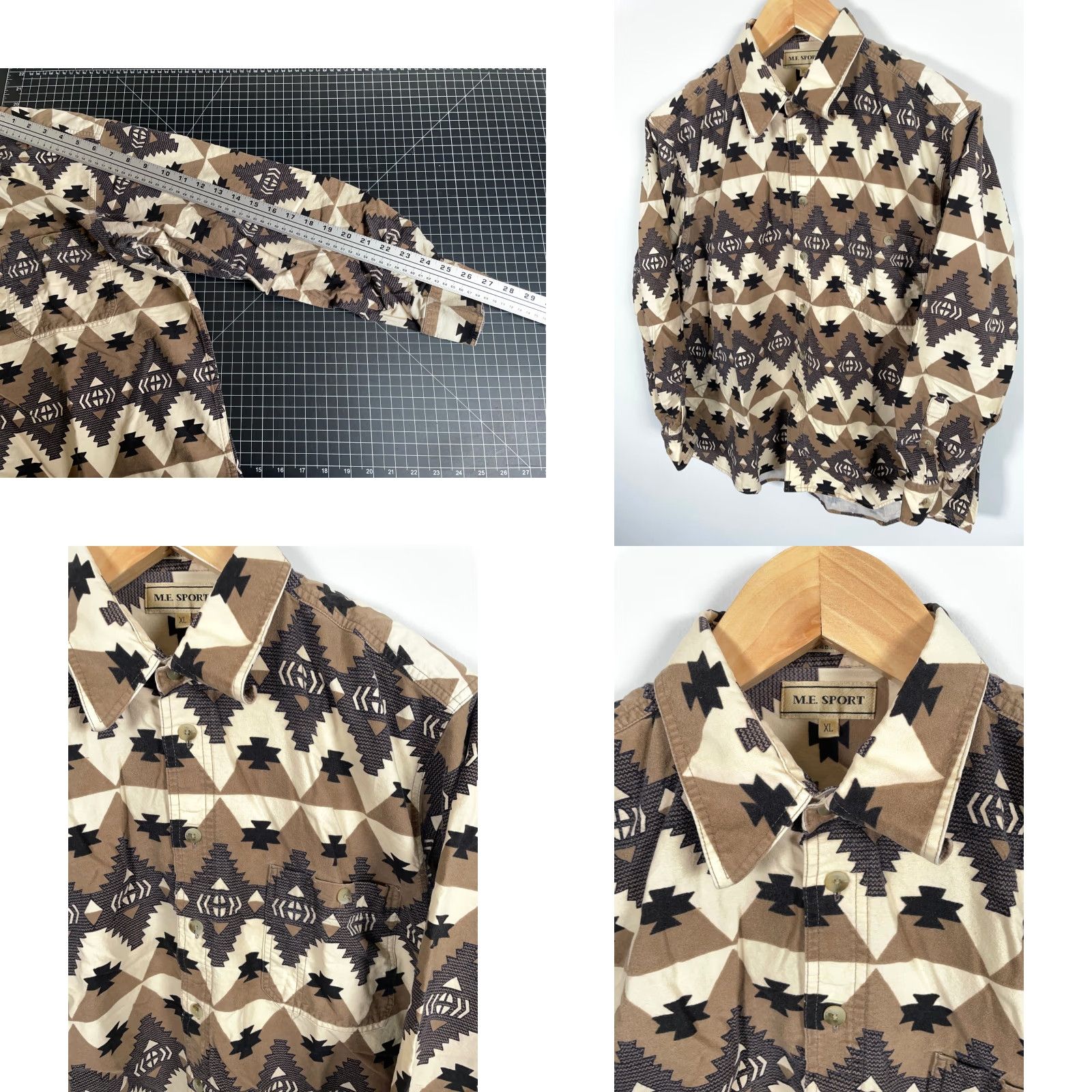 Vintage VINTAGE M.E. Sport Shirt Geometric 90s Aztec Southwestern Button-Up Cotton Flannel XL Mens Beige Brown Size US XL / EU 56 / 4 - 8 Thumbnail