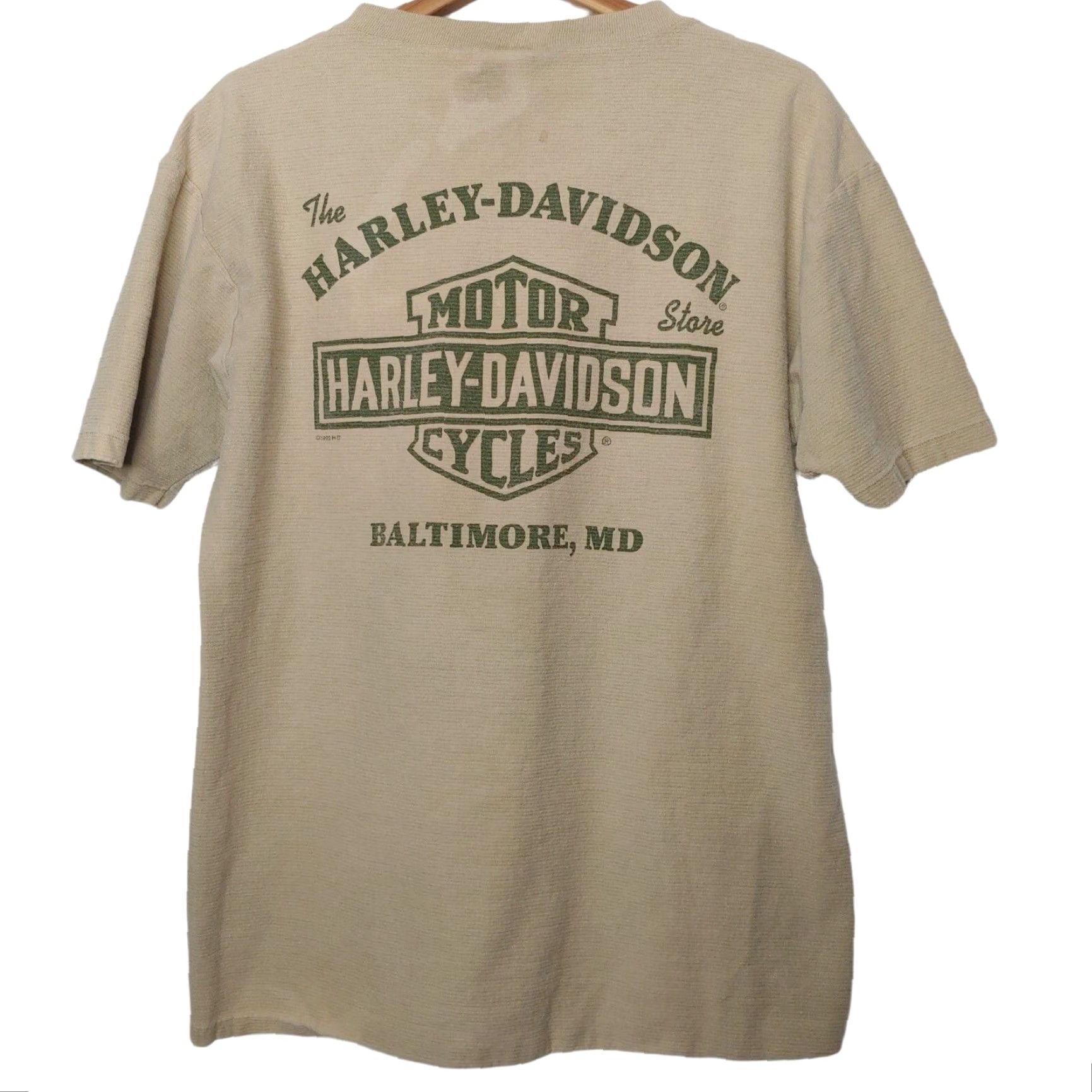 Harley Davidson VINTAGE Harley-Davidson Shirt Mens Large Tan Baltimore Biker 1990s Short Sleeve Ribbed Knit Crew Neck Size US L / EU 52-54 / 3 - 3 Thumbnail