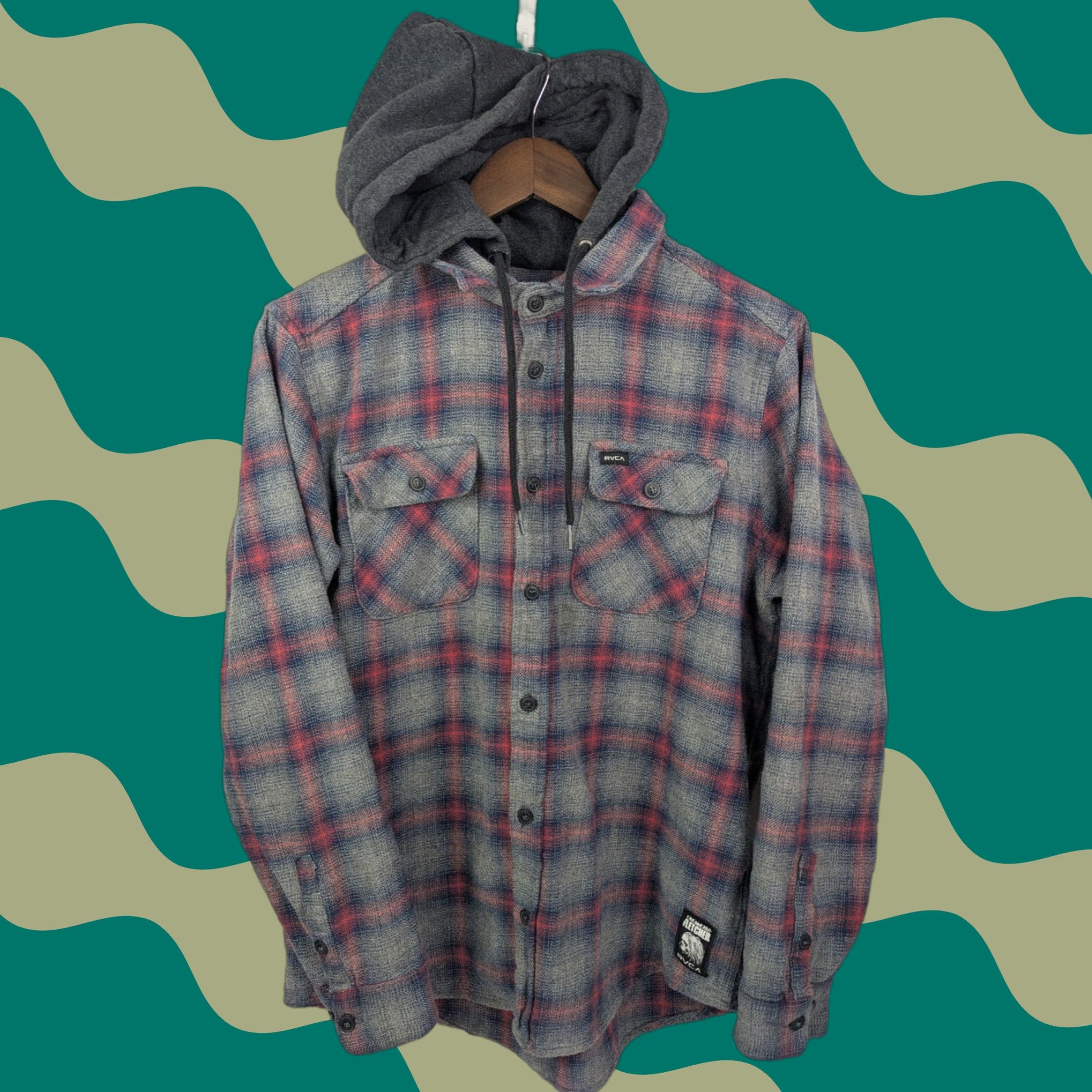 RVCA RVCA Christian Fletcher Hooded Flannel Shirt Mens M Red Gray Plaid Shacket Skate Shirt Size US M / EU 48-50 / 2 - 1 Thumbnail
