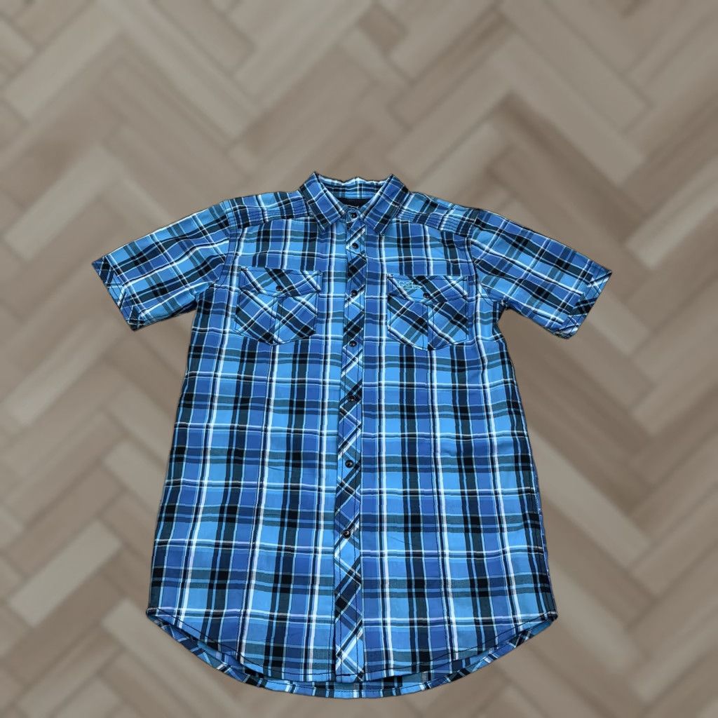 No Fear No Fear Blue Plaid Button-Up Short Sleeve M Pearl Snap Mens Shirt Regular Size M Blue Size US 31 - 1 Thumbnail