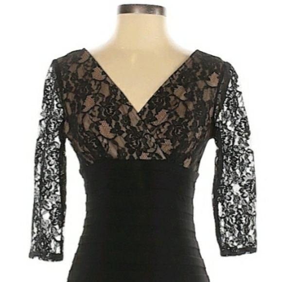 Adrianna Papell Black Lace Illusion Bodycon Dress Sz 4P Cock