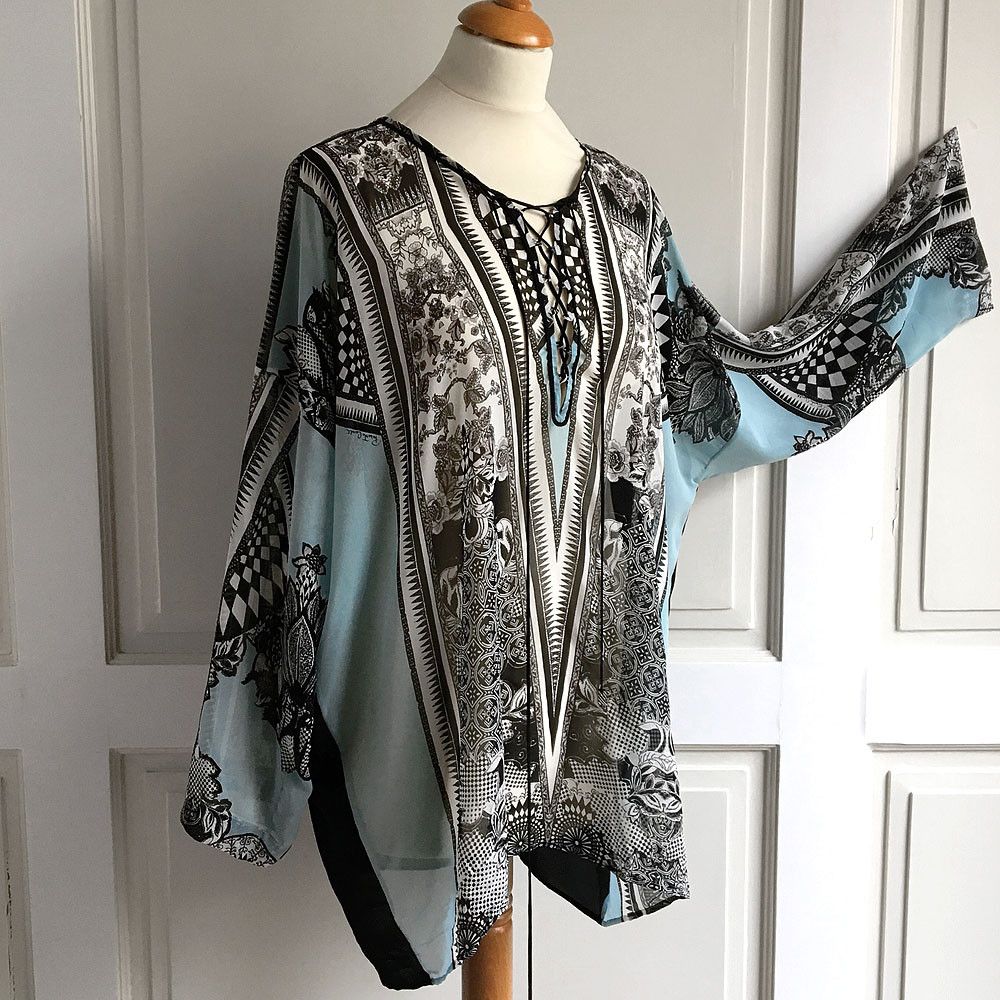 Roberto Cavalli Roberto Cavalli Blue/Black/White Silk Print Lace-Up Top Size ONE SIZE - 3 Thumbnail