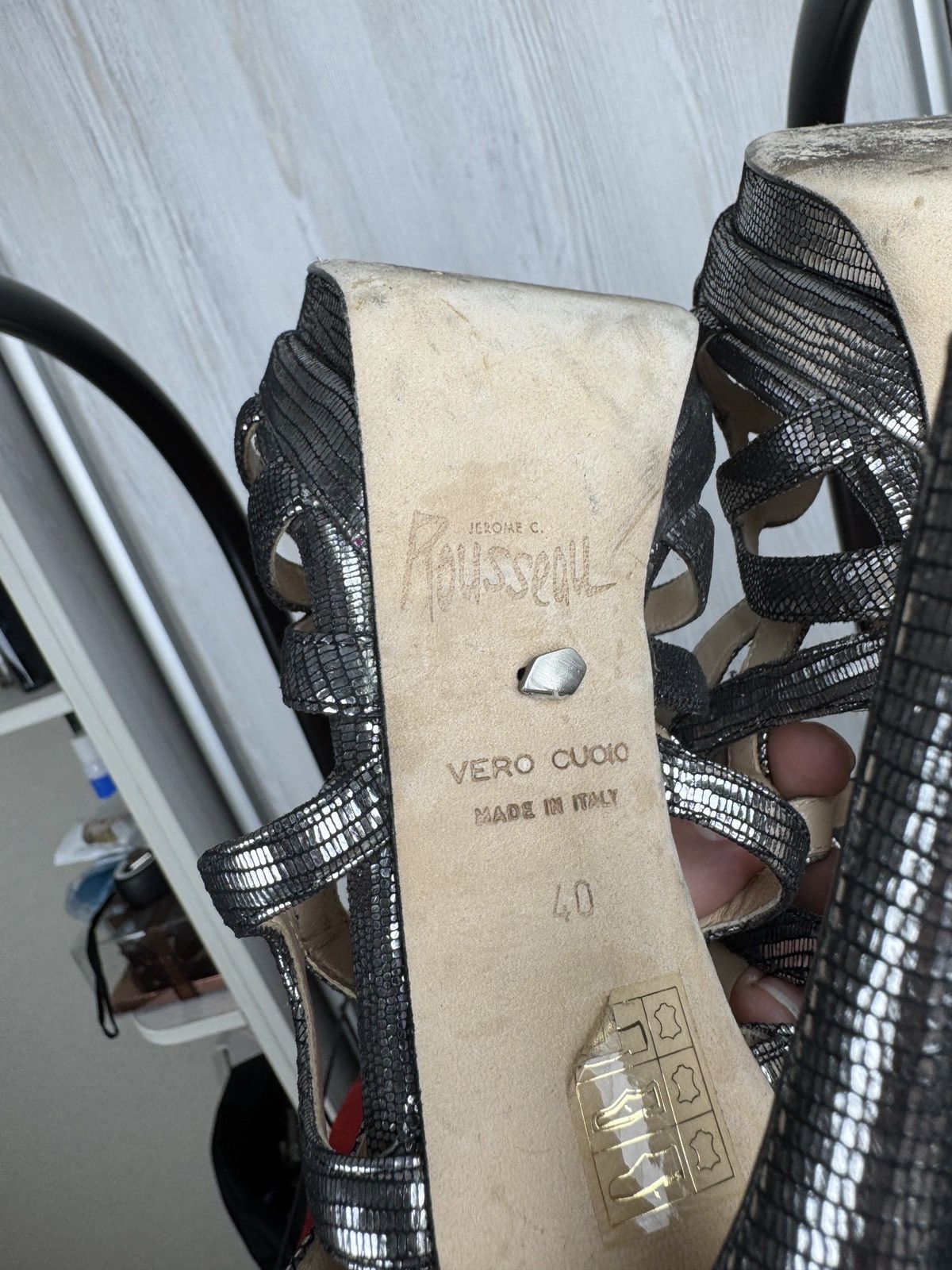 Designer Jerome C. Rousseau silver leather gladiator sandals heels Size US 10 / IT 40 - 19 Thumbnail