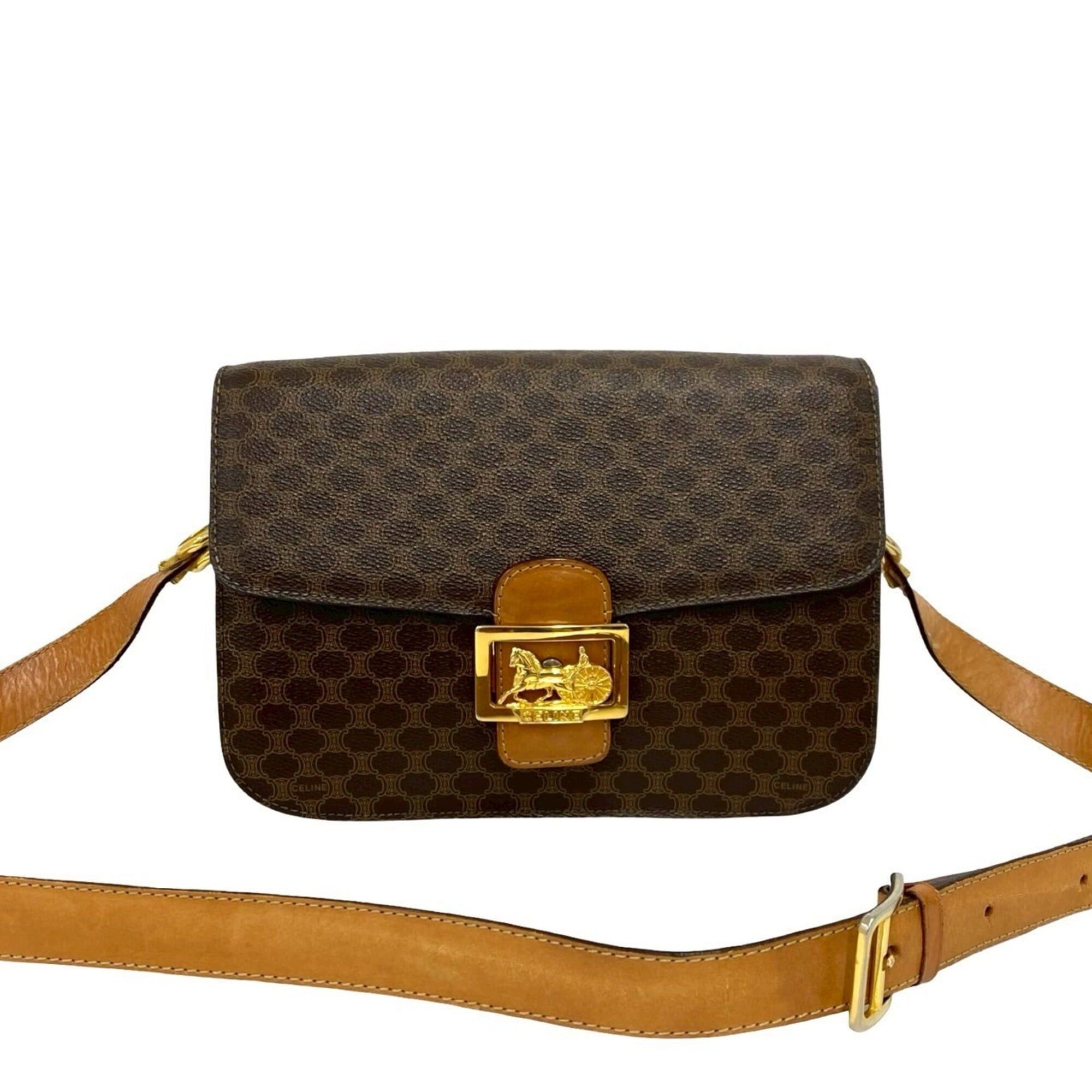 Celine CELINE Vintage Carriage Hardware Macadam Blazon Triomphe Pattern Logo Leather Shoulder Bag Brown 21087 Size ONE SIZE - 1 Thumbnail