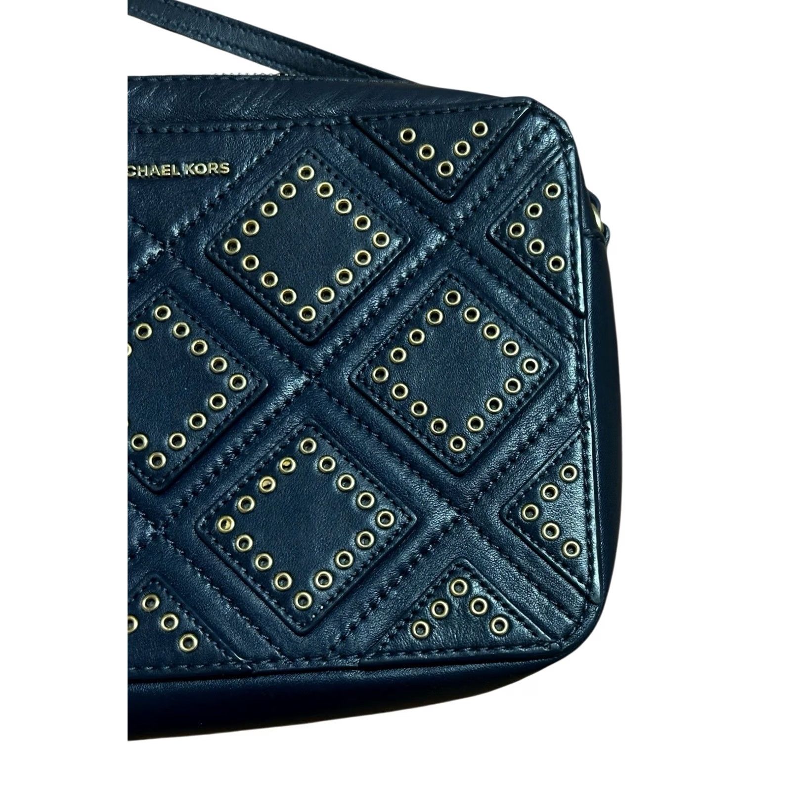 Vintage VINTAGE? No. Michael Kors Diamond Grommet JetSet Travel Leather Crossbody Bag Navy Blue Purse Size ONE SIZE - 3 Thumbnail