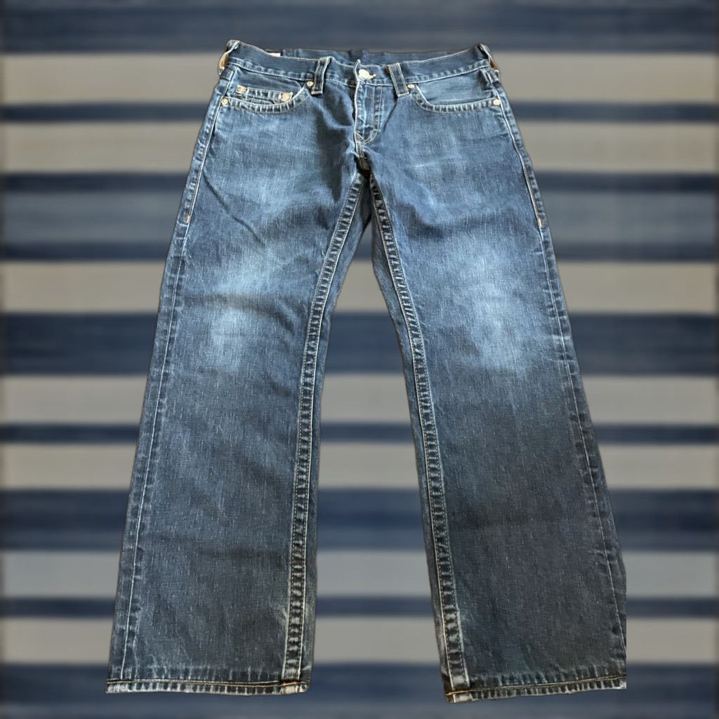 True Religion True Religion Jeans Ricky Relaxed Straight Mens 33 Inseam 34 Blue Denim Cotton 5-Pocket Logo Zipper Closure Size US 33 - 1 Thumbnail