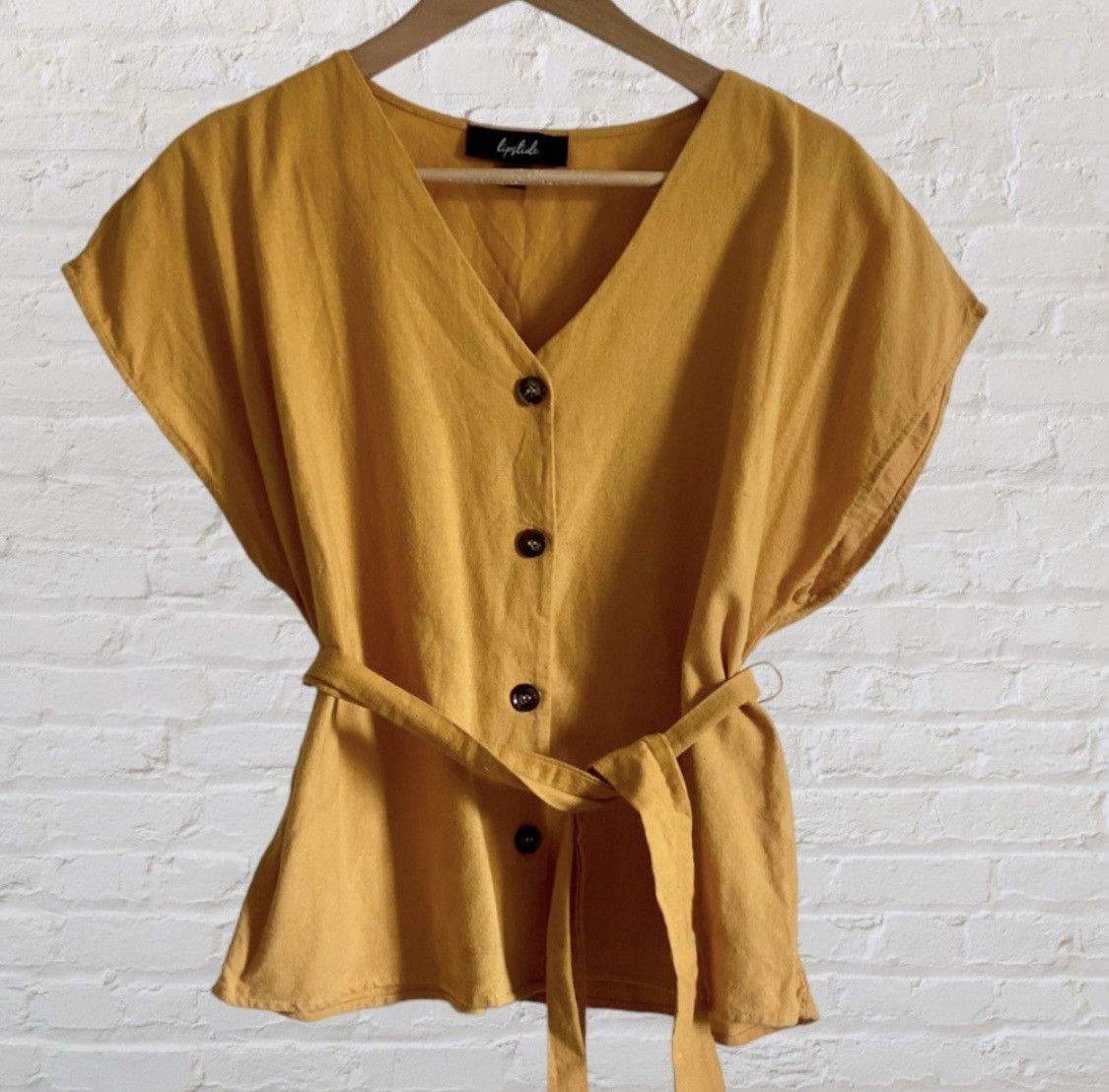 Other LIPSLIDE MUSTARD SHORT SLEEVE BUTTON UP BELTED BLOUSE TOP Size L / US 10 / IT 46 - 1 Thumbnail