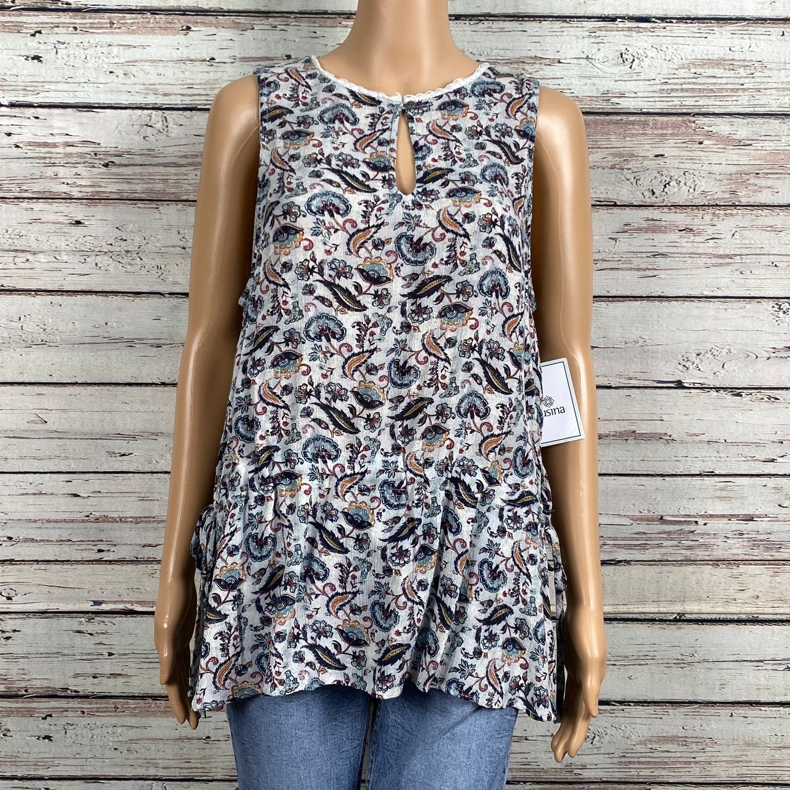 Other Susina Nordstrom Gray Floral Keyhole Peasant Shirt Large Size L / US 10 / IT 46 - 6 Thumbnail