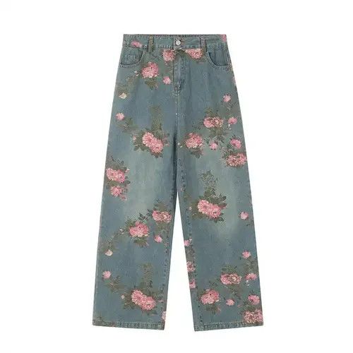 Jean Men's loose wide-leg rose print jeans Size US 32 / EU 48 - 6 Thumbnail